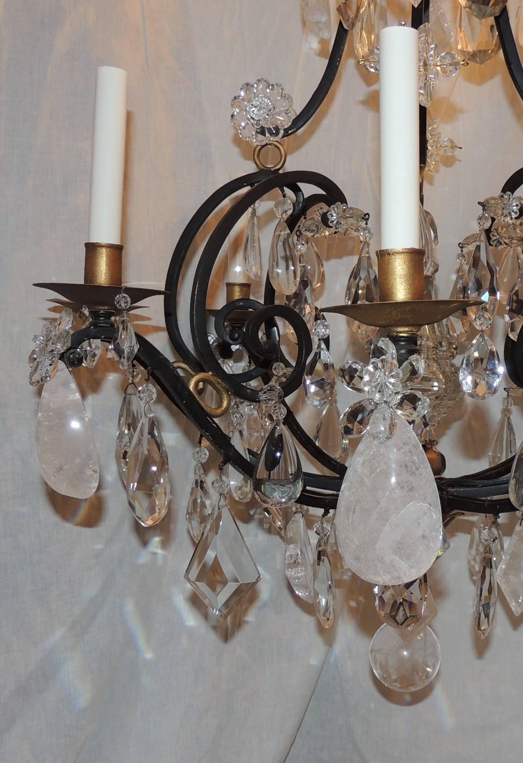 Wonderful French Bagues Wrought Iron Gilt Rock Chandelier Quartz Jansen Fixture In Good Condition In Roslyn, NY