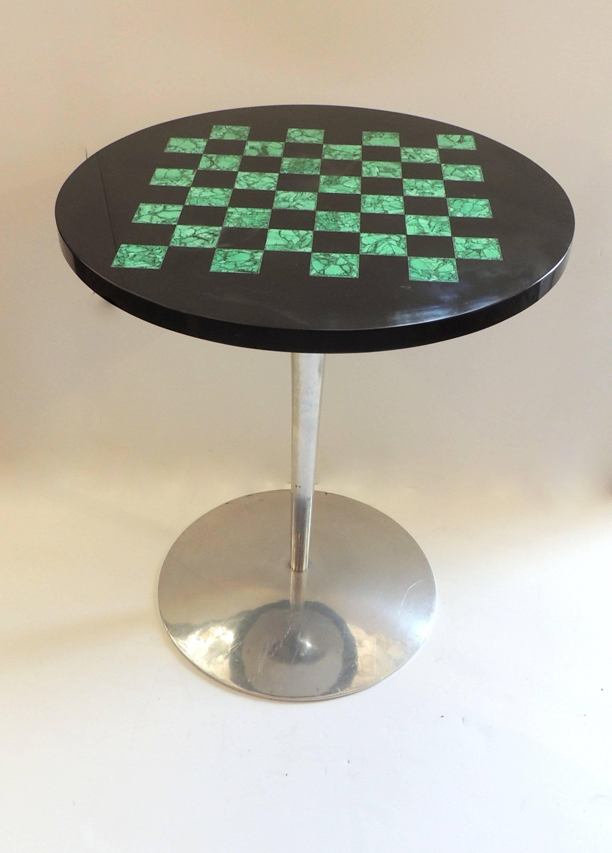 Erwin and Estelle Laverne nickel side table with black marble and malachite checker board top perfect for the transitional or modern room that calls for a little accent.

Measures: 18