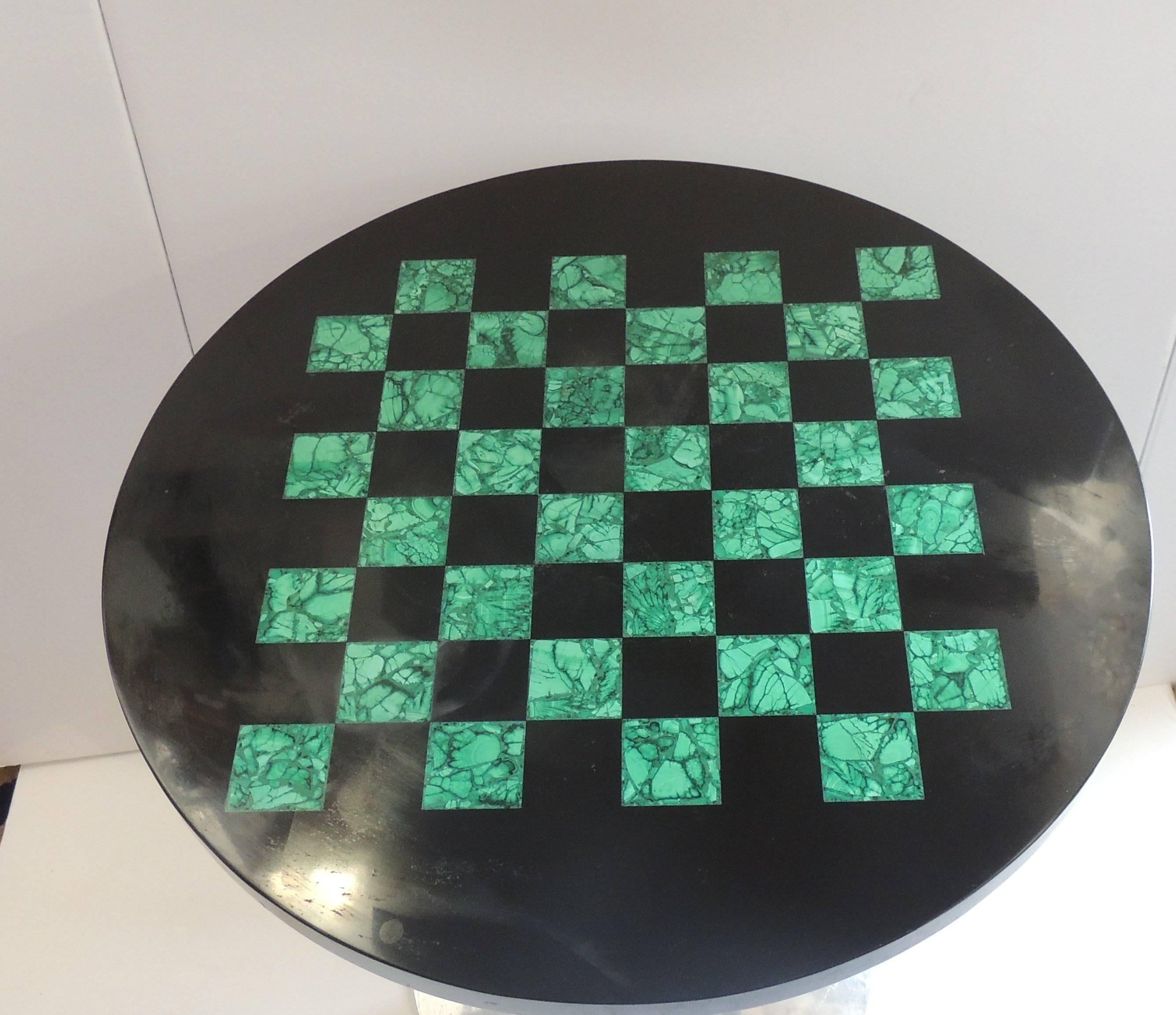 Estelle Laverne Nickel Side Table with Black Marble and Malachite Checker Board In Good Condition In Roslyn, NY