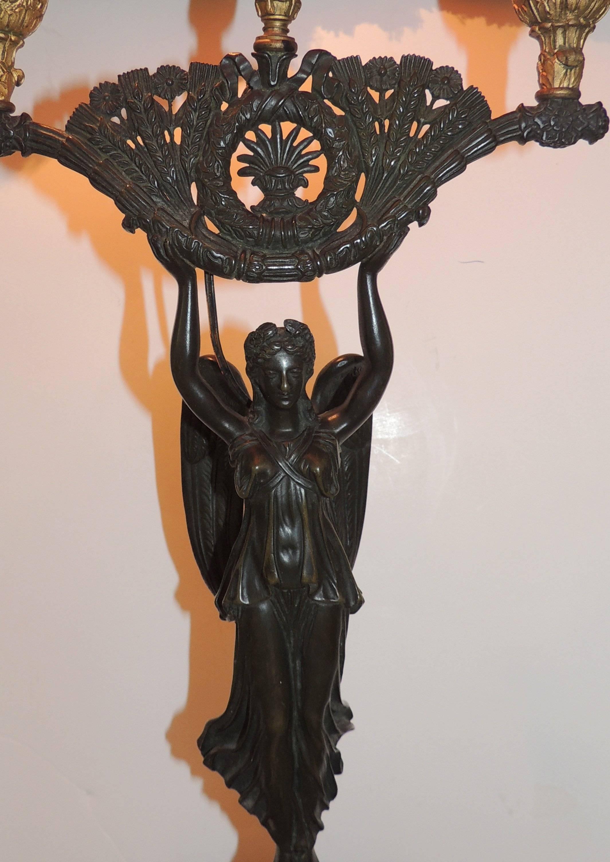 Wonderful French Empire Neoclassical Figural Gilt Patinated Bronze Regency Lamp 1