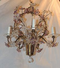 Wonderful Gilt Bronze Chandelier Beaded Basket Amethyst Crystal Flowers Fixture
