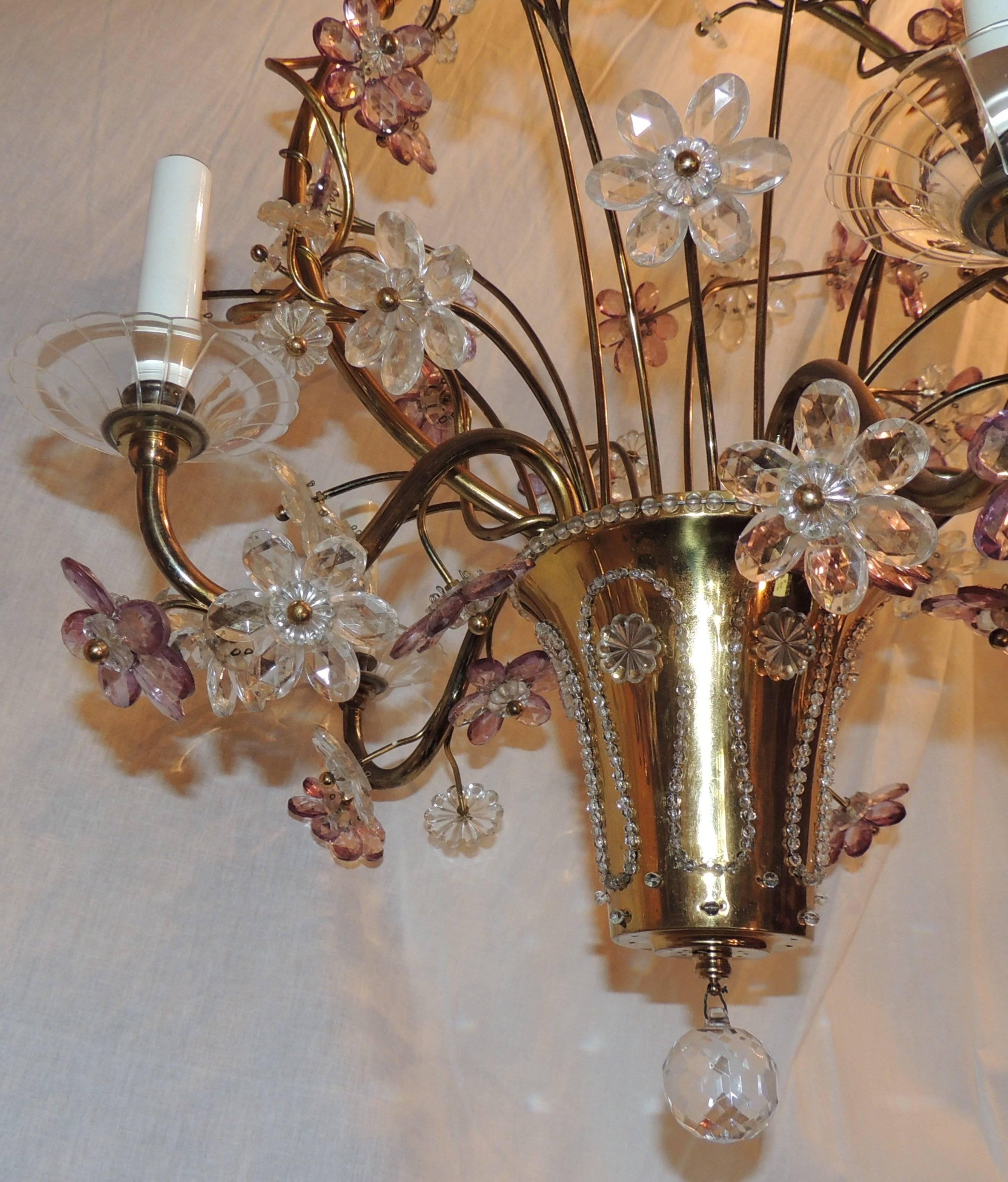 Wonderful Gilt Bronze Chandelier Beaded Basket Amethyst Crystal Flowers Fixture In Good Condition For Sale In Roslyn, NY