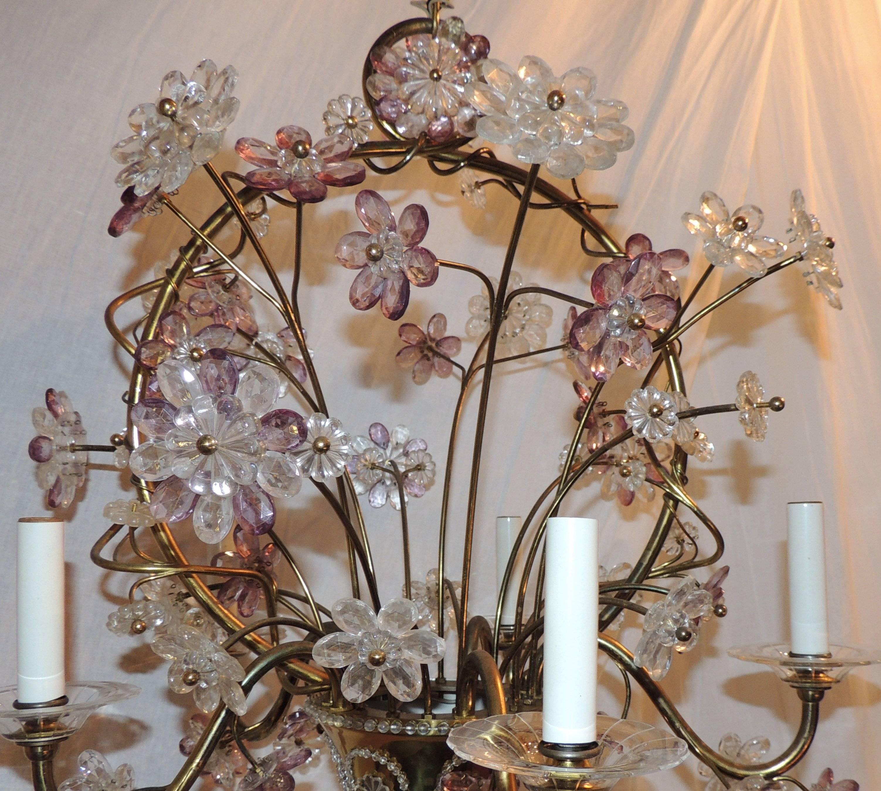 Mid-Century Modern Wonderful Gilt Bronze Chandelier Beaded Basket Amethyst Crystal Flowers Fixture For Sale