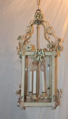 Wonderful Italian Three-Light Painted Lantern Fixture Green Ribbons Bows Flowers