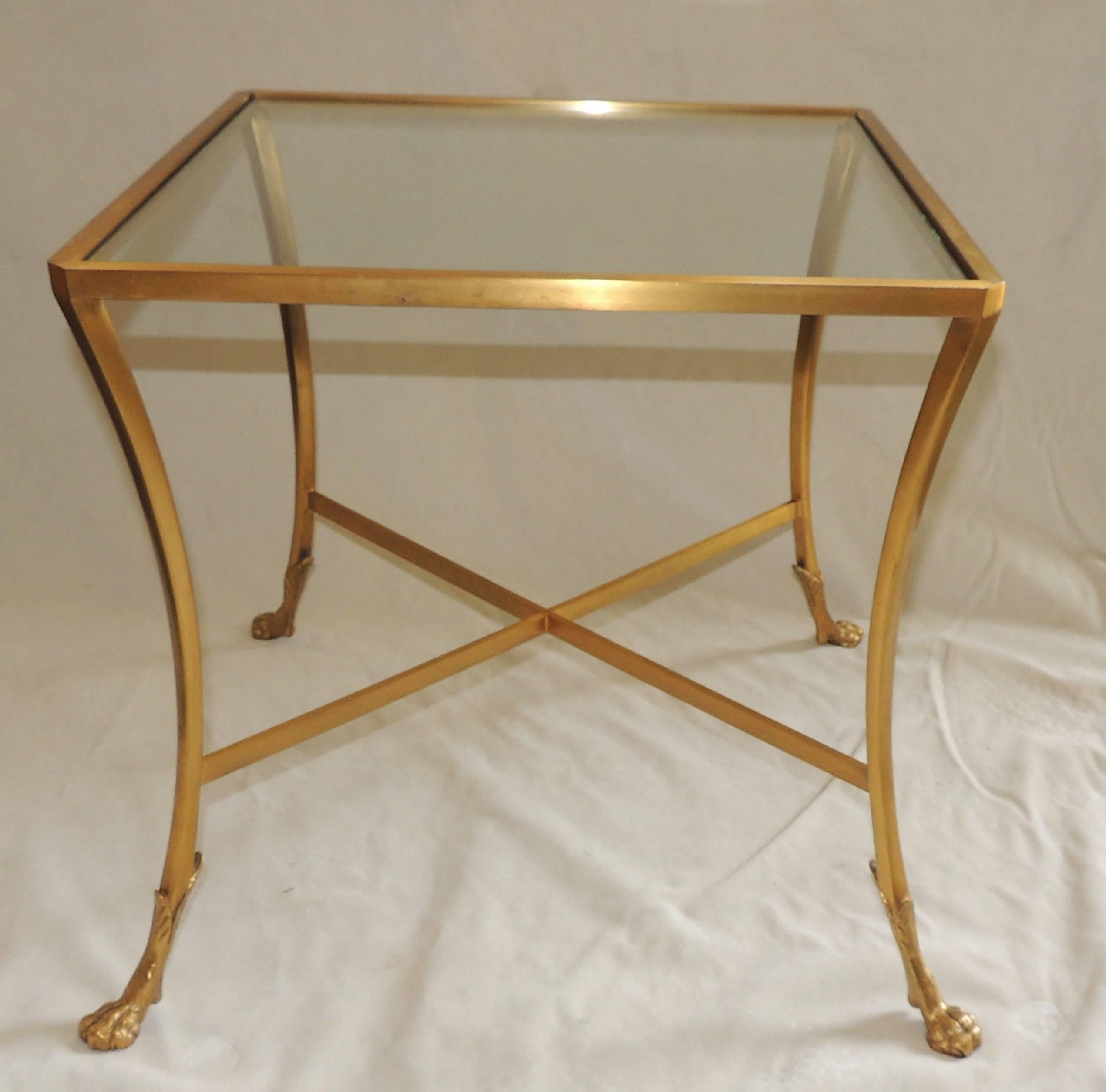 Mid-20th Century Wonderful Pair French Bagues Doré Bronze Jansen Square End Tables Glass Tops