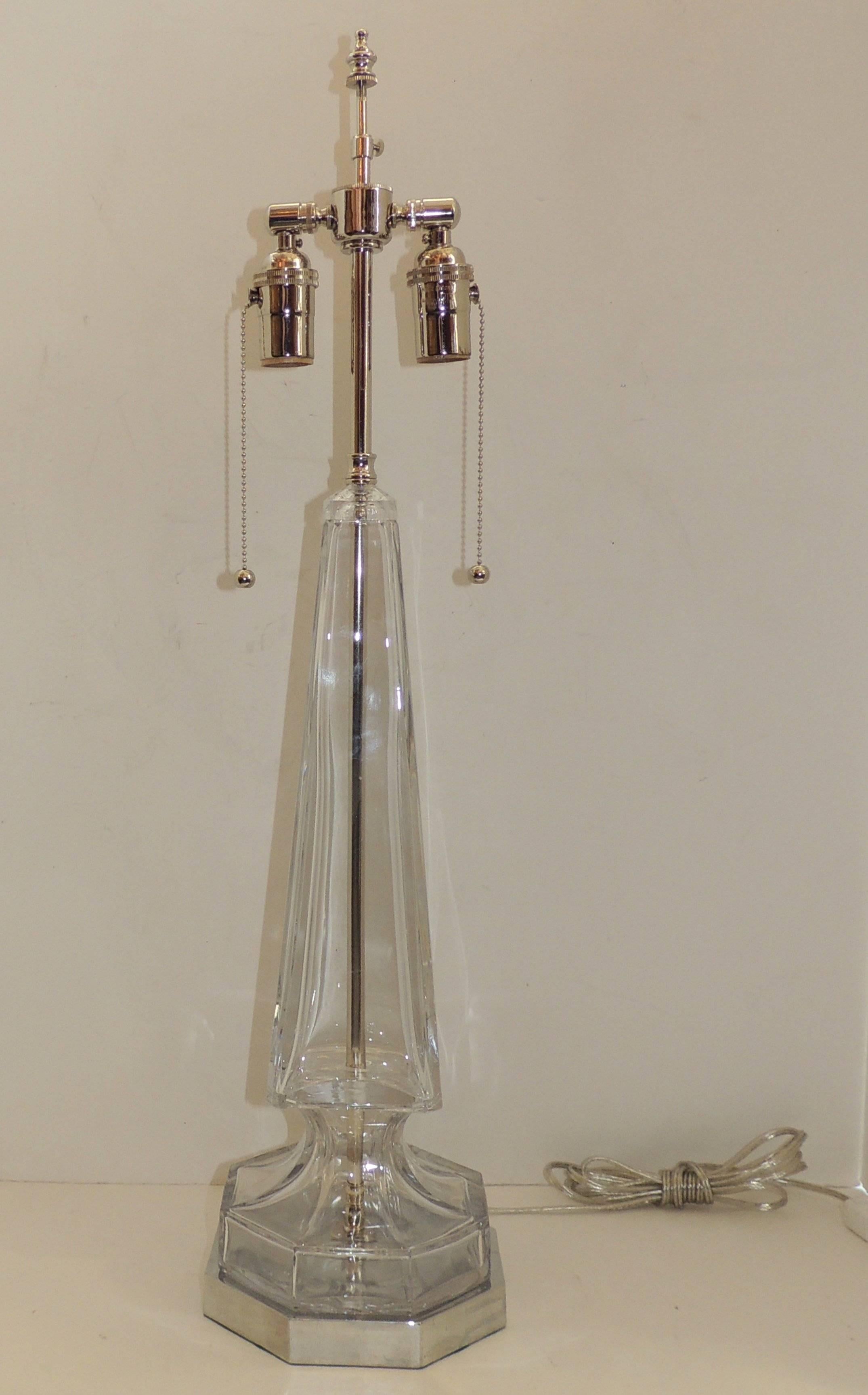 Mid-20th Century Elegant Modern Transitional Pair Nickel Glass Bagues Column Chrome Jansen Lamps