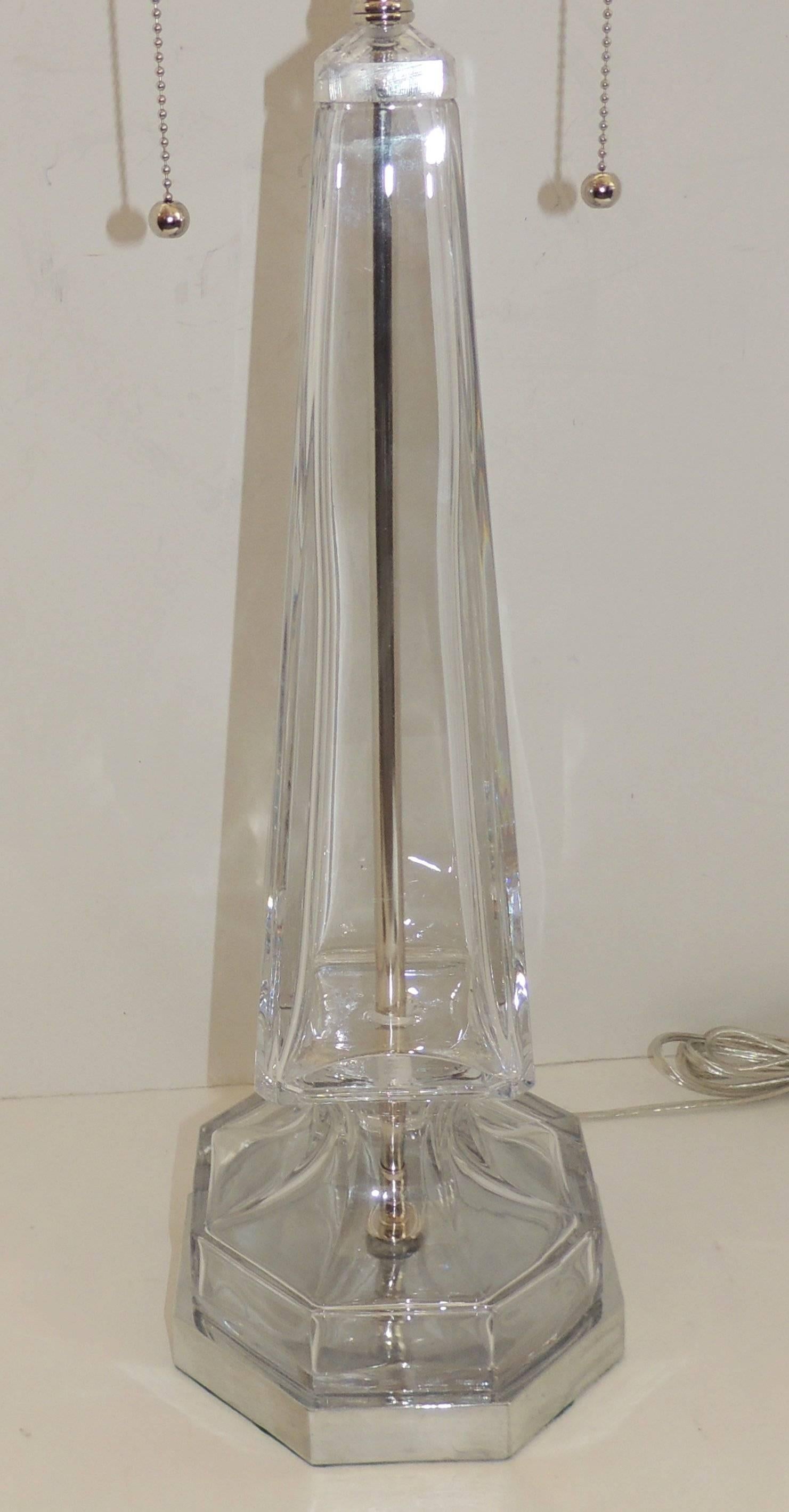 Italian Elegant Modern Transitional Pair Nickel Glass Bagues Column Chrome Jansen Lamps