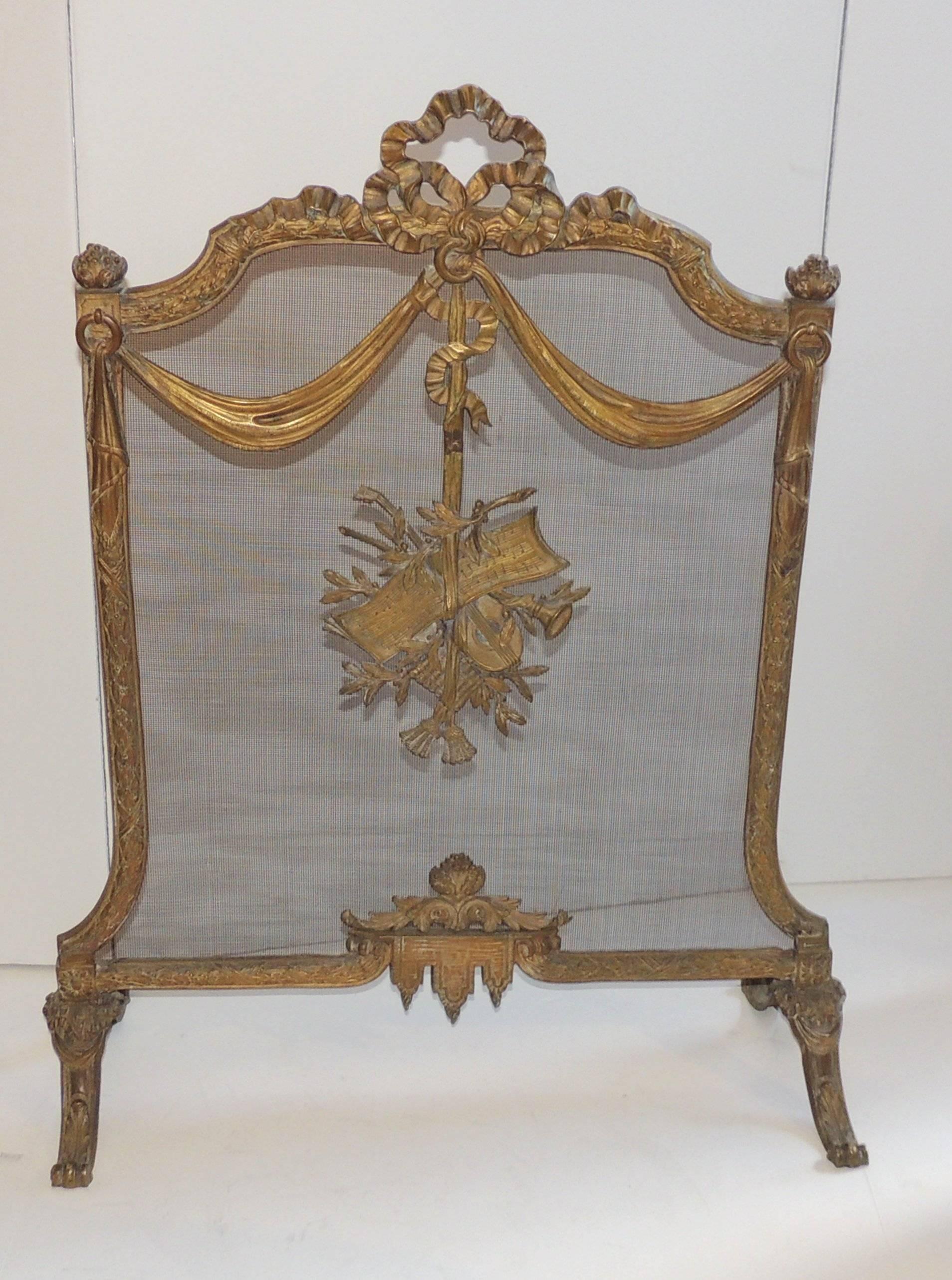 Gilt Wonderful French Bronze Bow Ribbons Floral Musical Fireplace Screen Fire Screen