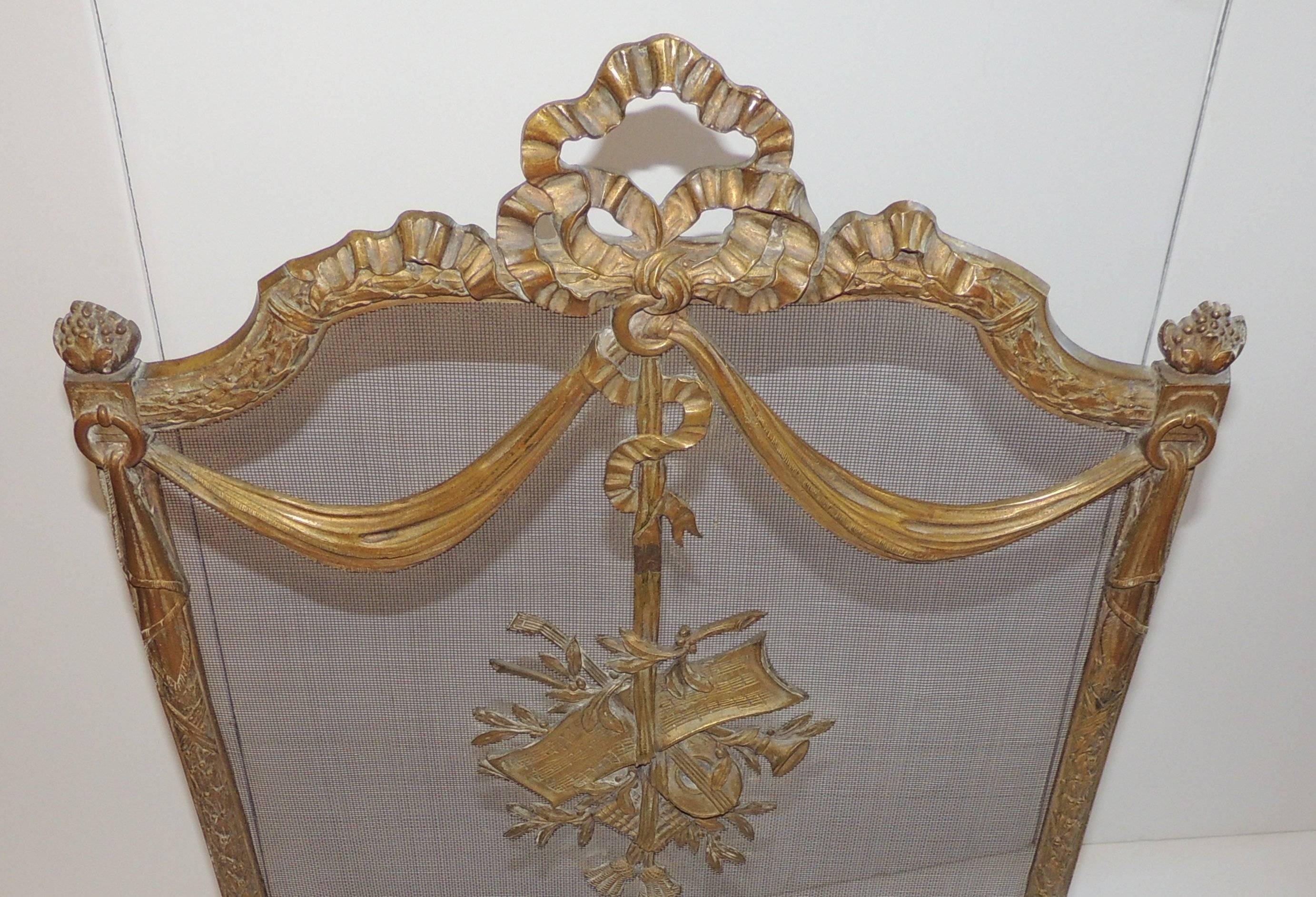 Mid-20th Century Wonderful French Bronze Bow Ribbons Floral Musical Fireplace Screen Fire Screen
