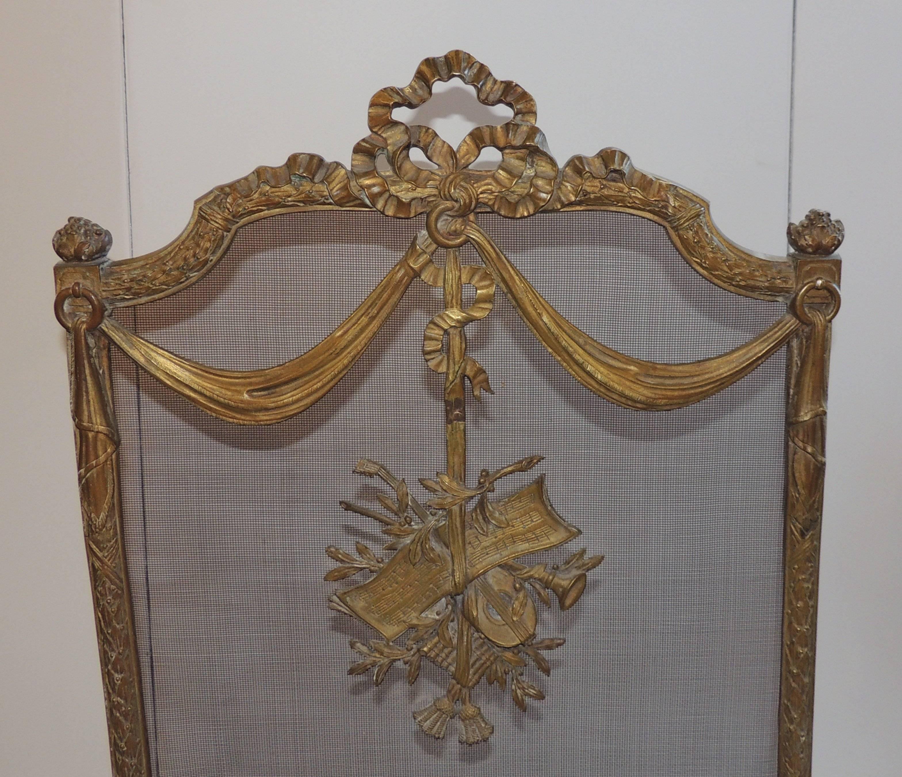 Wonderful French Bronze Bow Ribbons Floral Musical Fireplace Screen Fire Screen 1