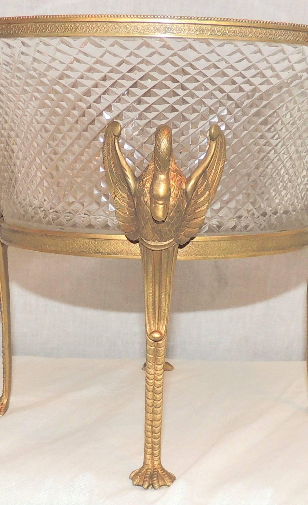 Empire Wonderful French Dore Bronze Swan Ormolu Mounted Centerpiece Cut Crystal Bowl