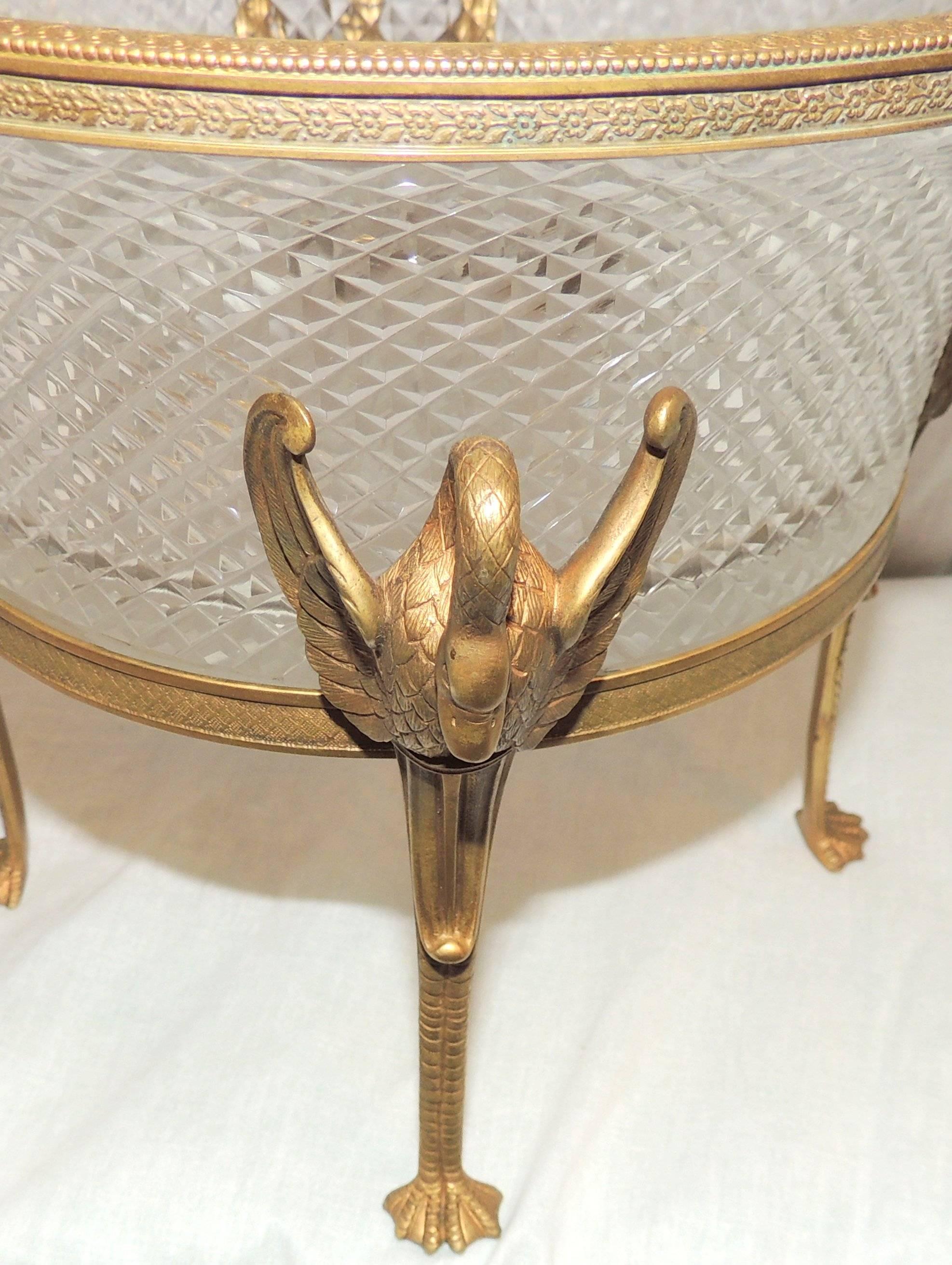 Gilt Wonderful French Dore Bronze Swan Ormolu Mounted Centerpiece Cut Crystal Bowl