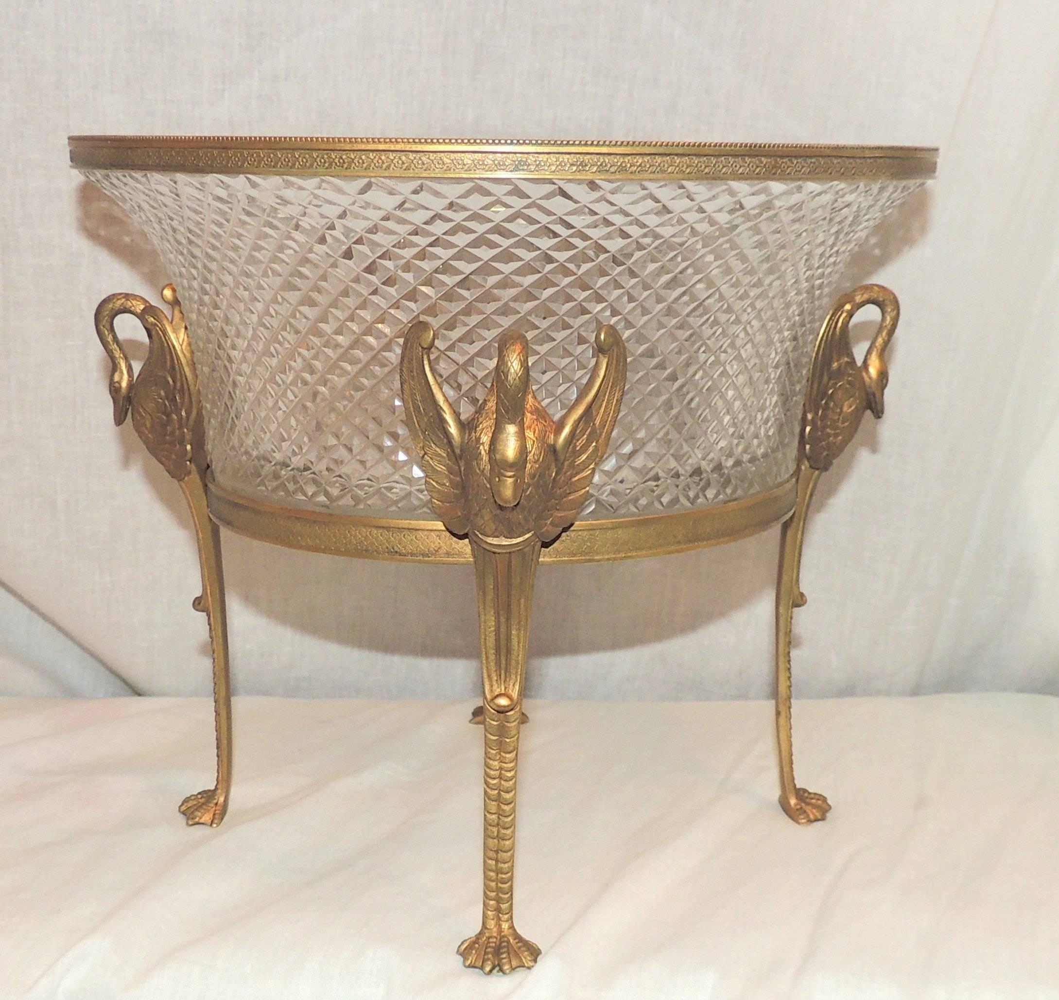 Wonderful French Dore Bronze Swan Ormolu Mounted Centerpiece With Cut Crystal Insert. 

Measures: 10" W x 9" H.