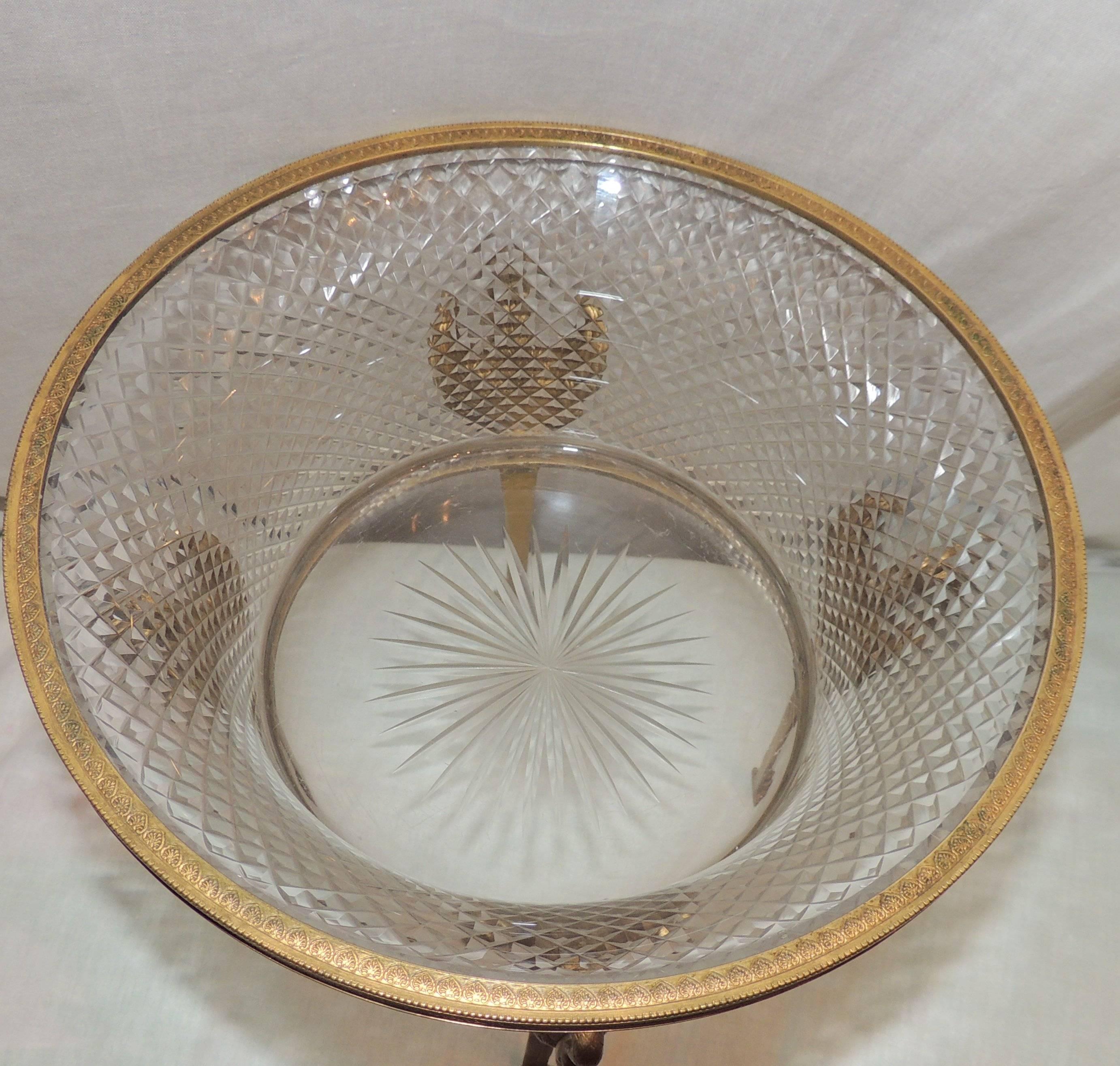 Wonderful French Dore Bronze Swan Ormolu Mounted Centerpiece Cut Crystal Bowl In Good Condition In Roslyn, NY