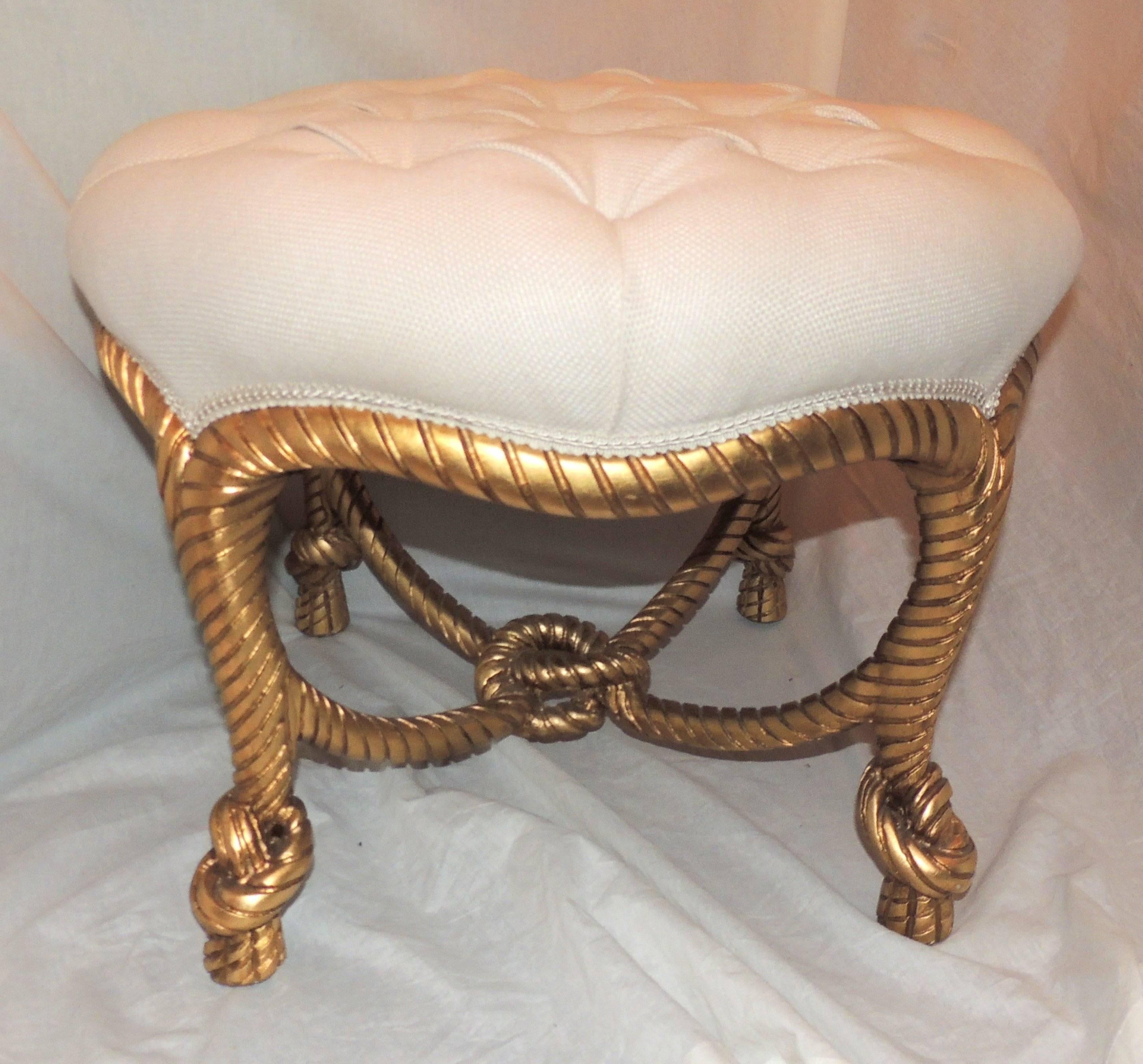 A Wonderful gilt wood Rope & Tassel bow ottoman Tufted round bench stool.
Recent Upholstery

Measures: 24