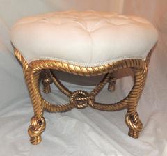Wonderful French Gilt wood Rope Tassel Bow Tufted Ottoman Round Bench Stool Pouf