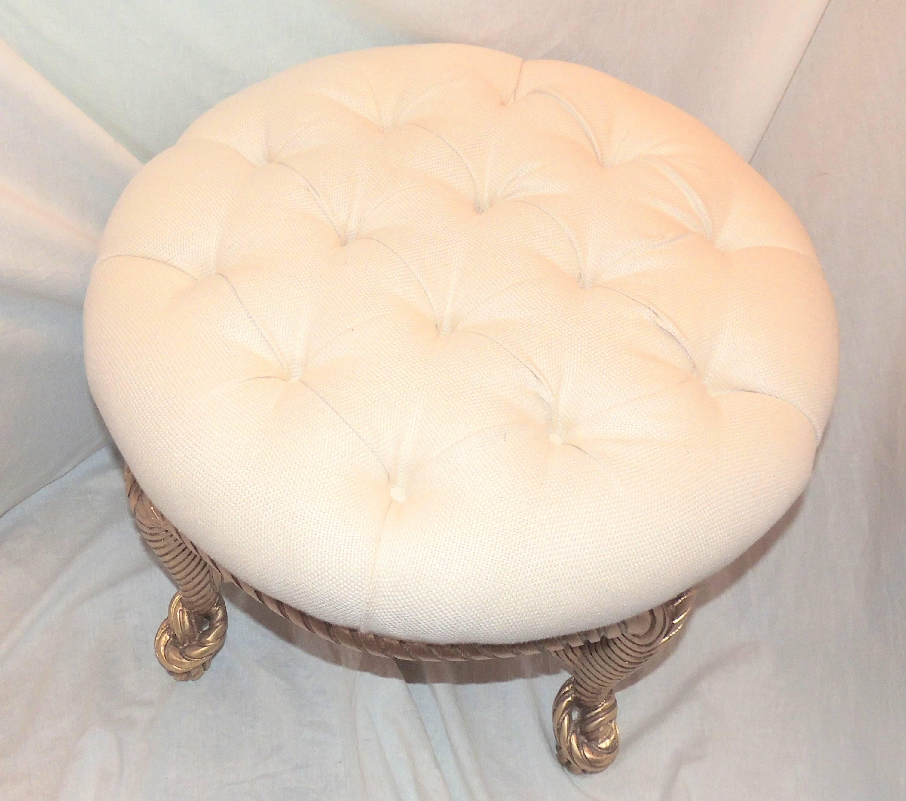 Carved Wonderful French Gilt wood Rope Tassel Bow Tufted Ottoman Round Bench Stool Pouf