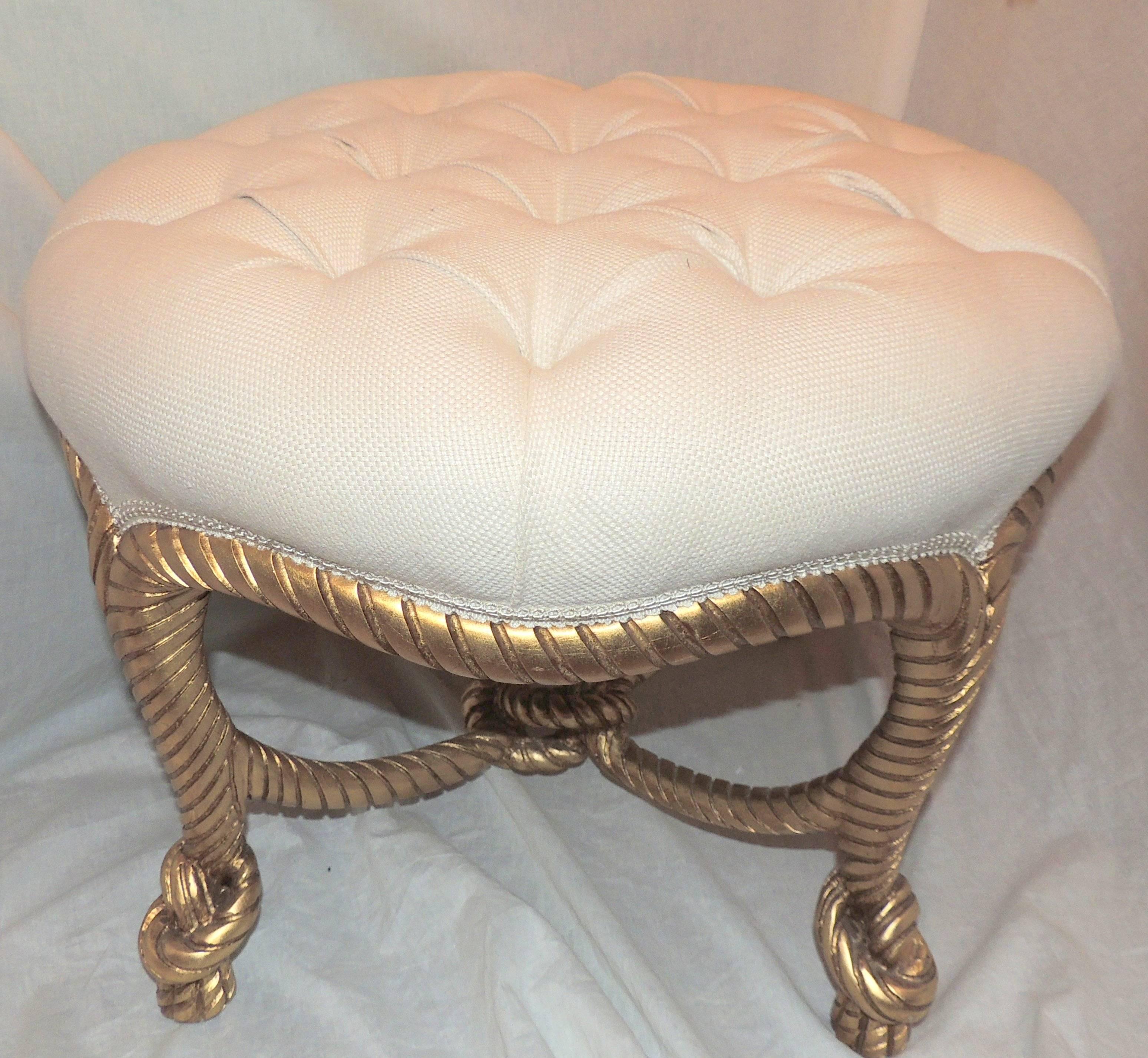 Wonderful French Gilt wood Rope Tassel Bow Tufted Ottoman Round Bench Stool Pouf In Excellent Condition In Roslyn, NY