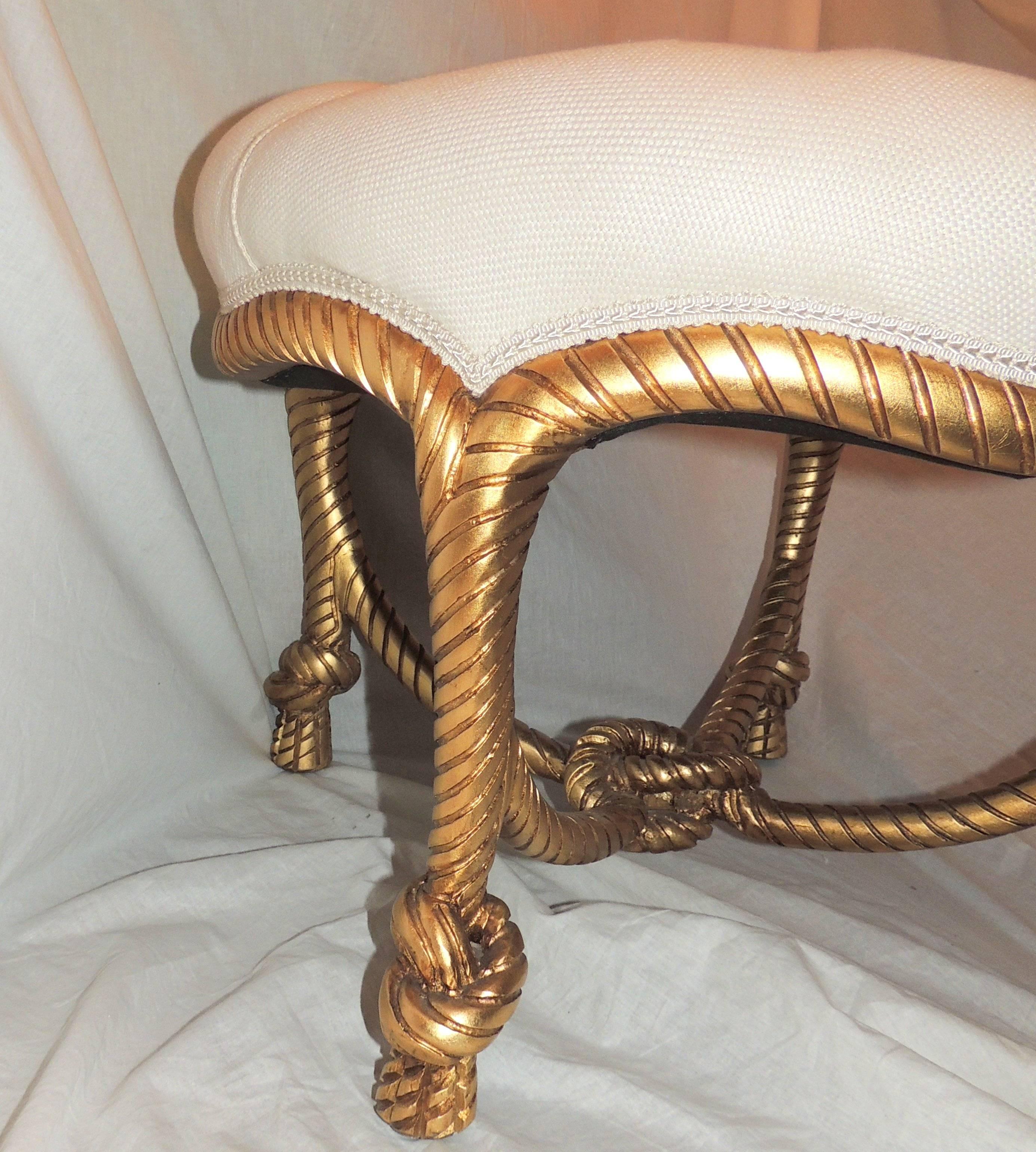 Wood Wonderful French Gilt wood Rope Tassel Bow Tufted Ottoman Round Bench Stool Pouf