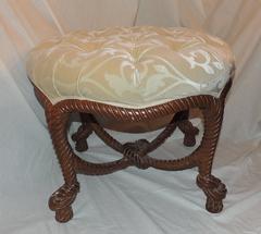 Elegant French Wood Rope Tassel Bow Tufted Ottoman Round Bench Stool Pouf