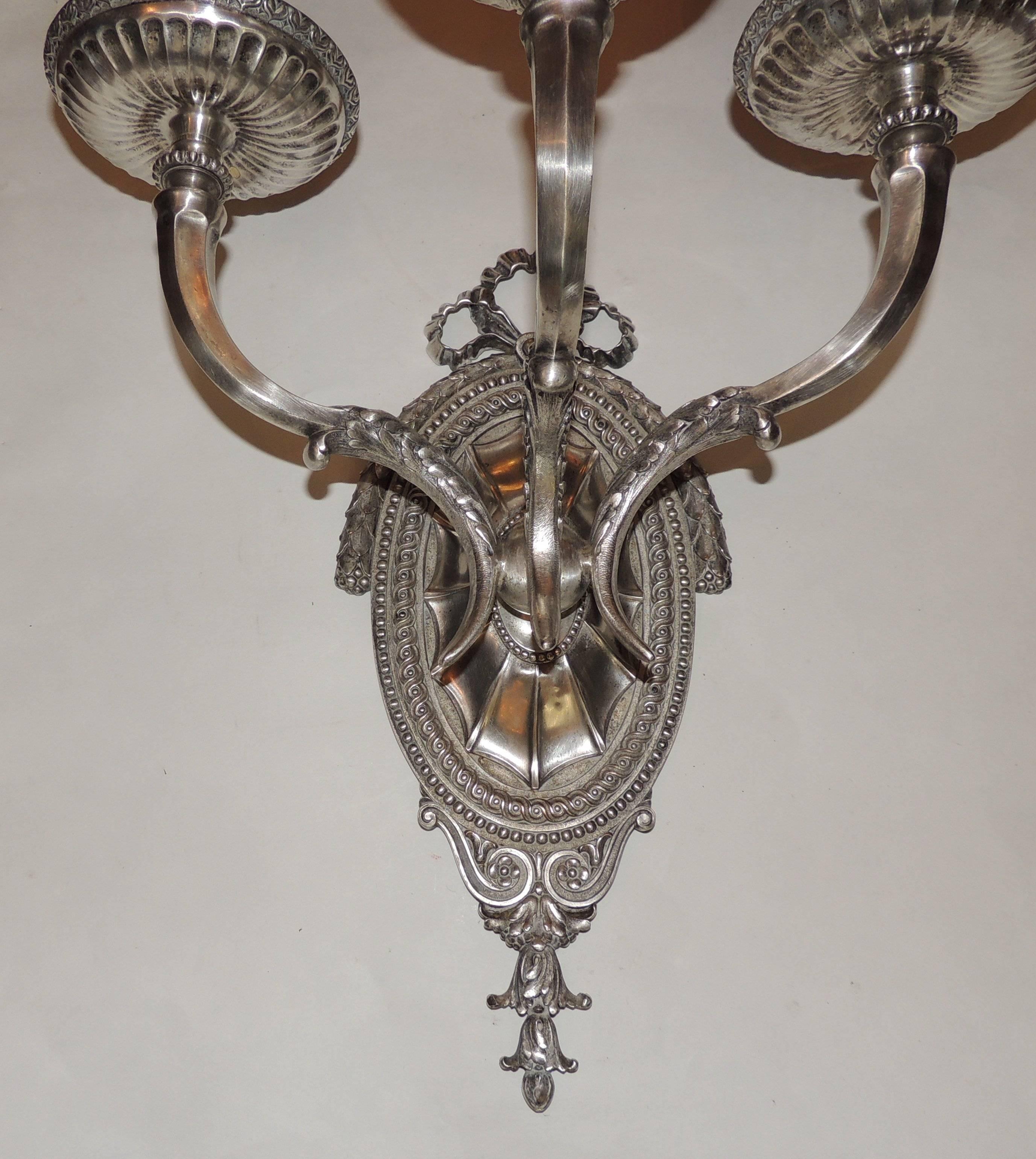 Mid-20th Century Elegant Pair Caldwell Silvered Bronze Three-Arm Filigree Bow Regency Sconces