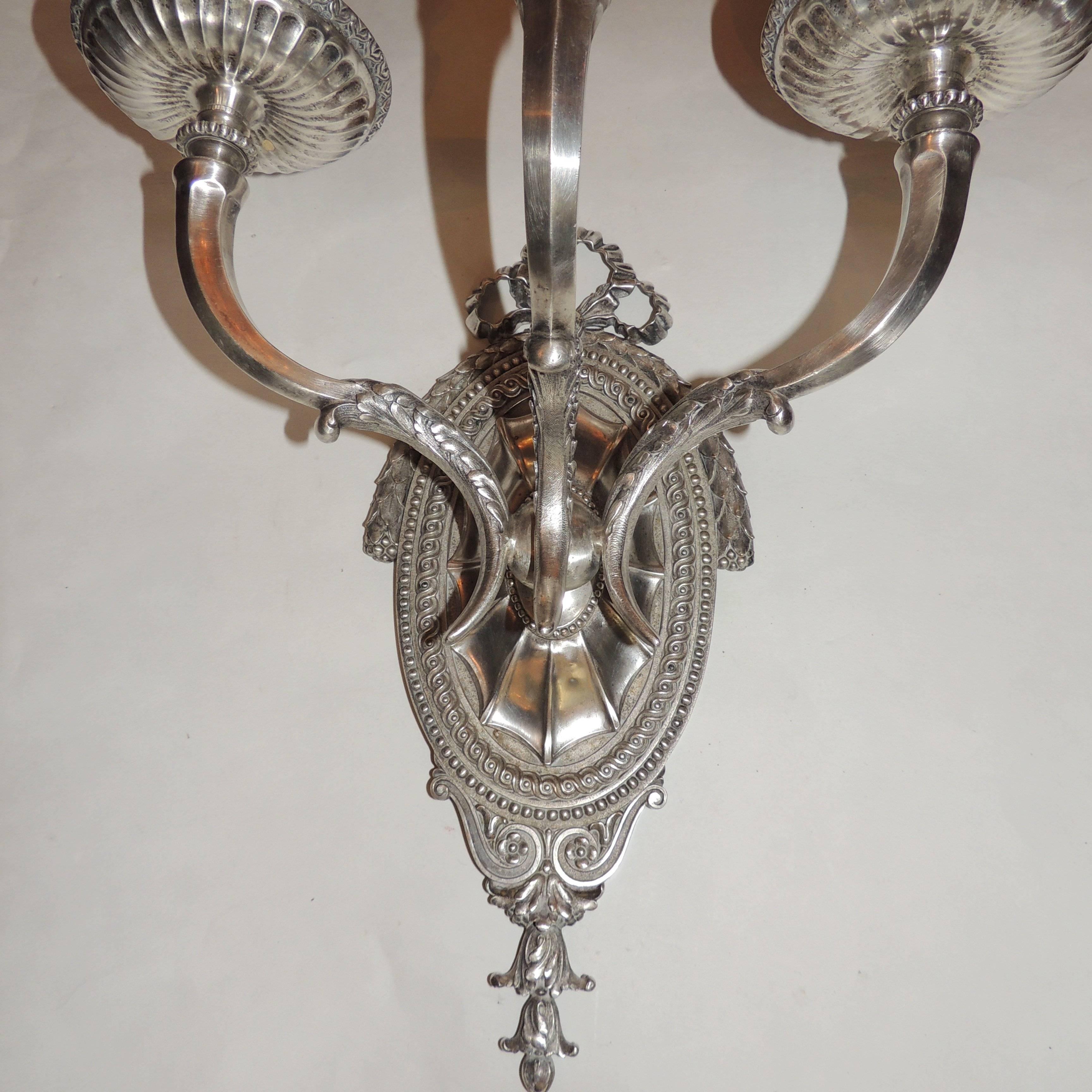 Elegant Pair Caldwell Silvered Bronze Three-Arm Filigree Bow Regency Sconces 3