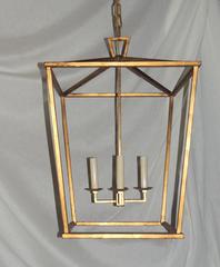 Wonderful Set Three Large Modern Transitional Gilt Pendants Lantern Fixtures