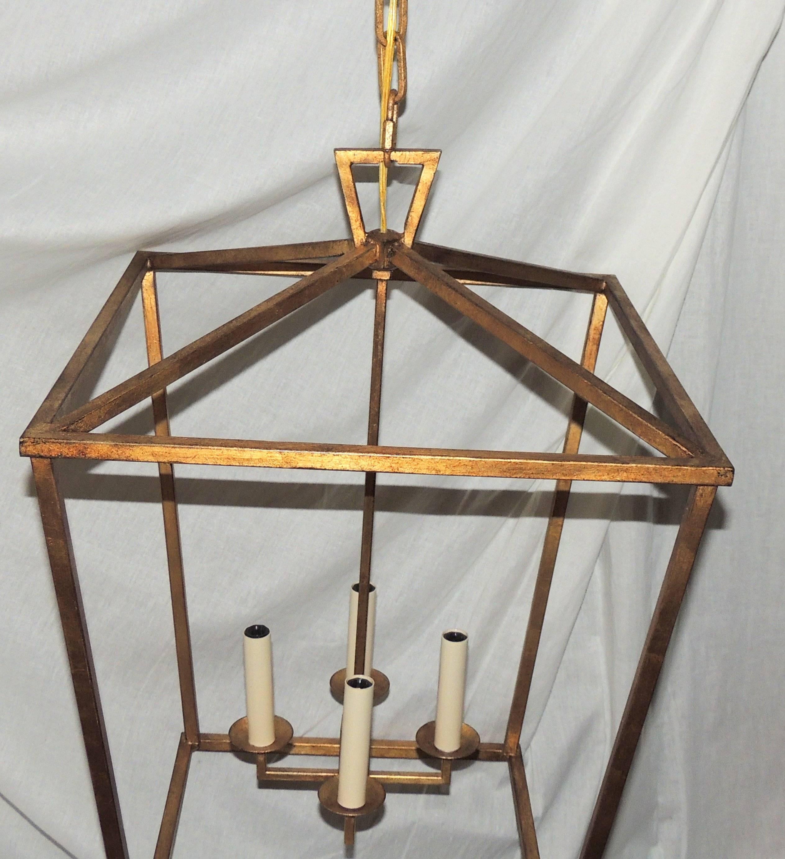 Wonderful Set Three Large Modern Transitional Gilt Pendants Lantern Fixtures In Good Condition For Sale In Roslyn, NY