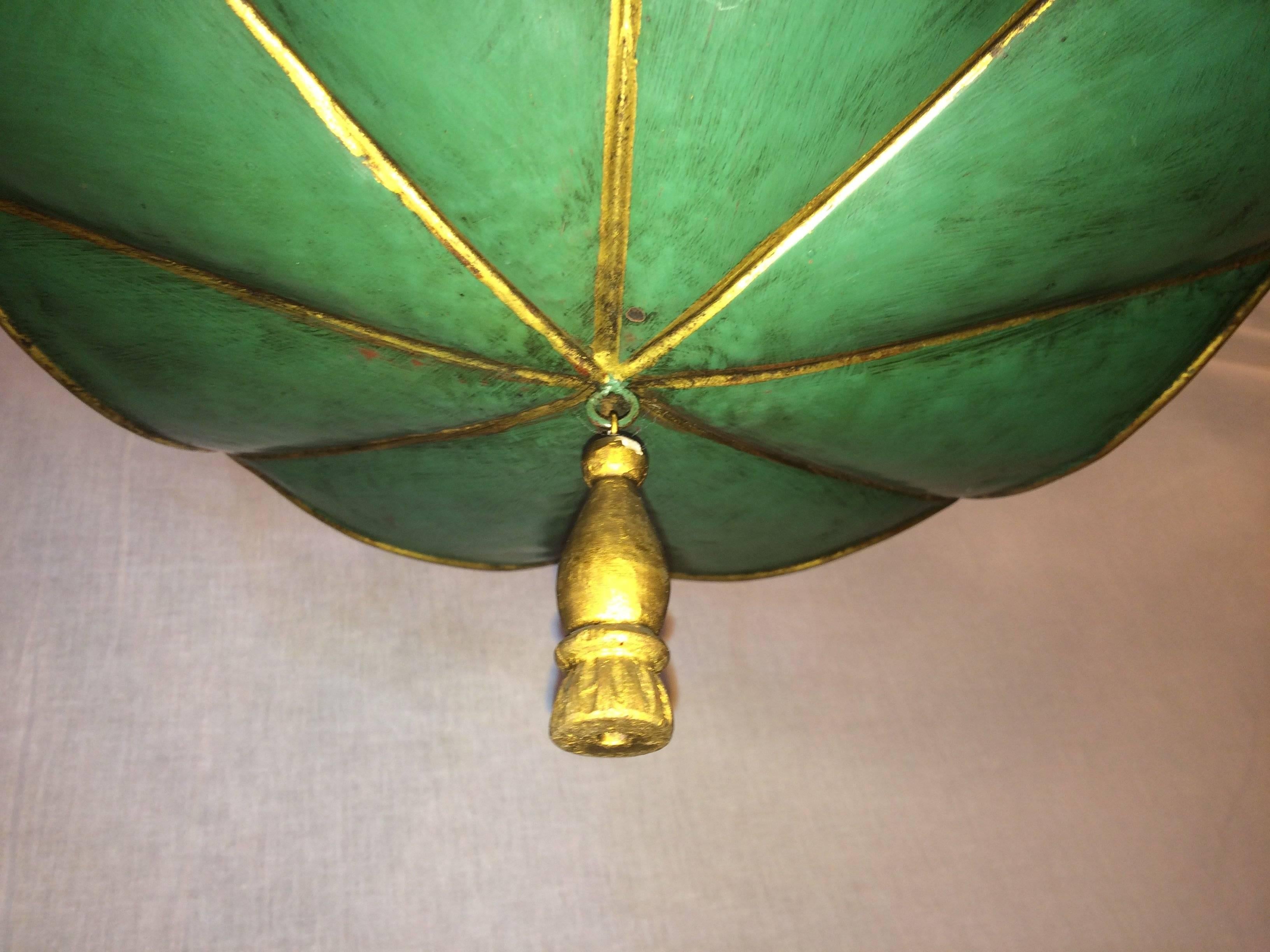 Mid-20th Century Wonderful Green Gold Gilt Tole Four-Light Chandelier Vintage Fixture Wood Tassel
