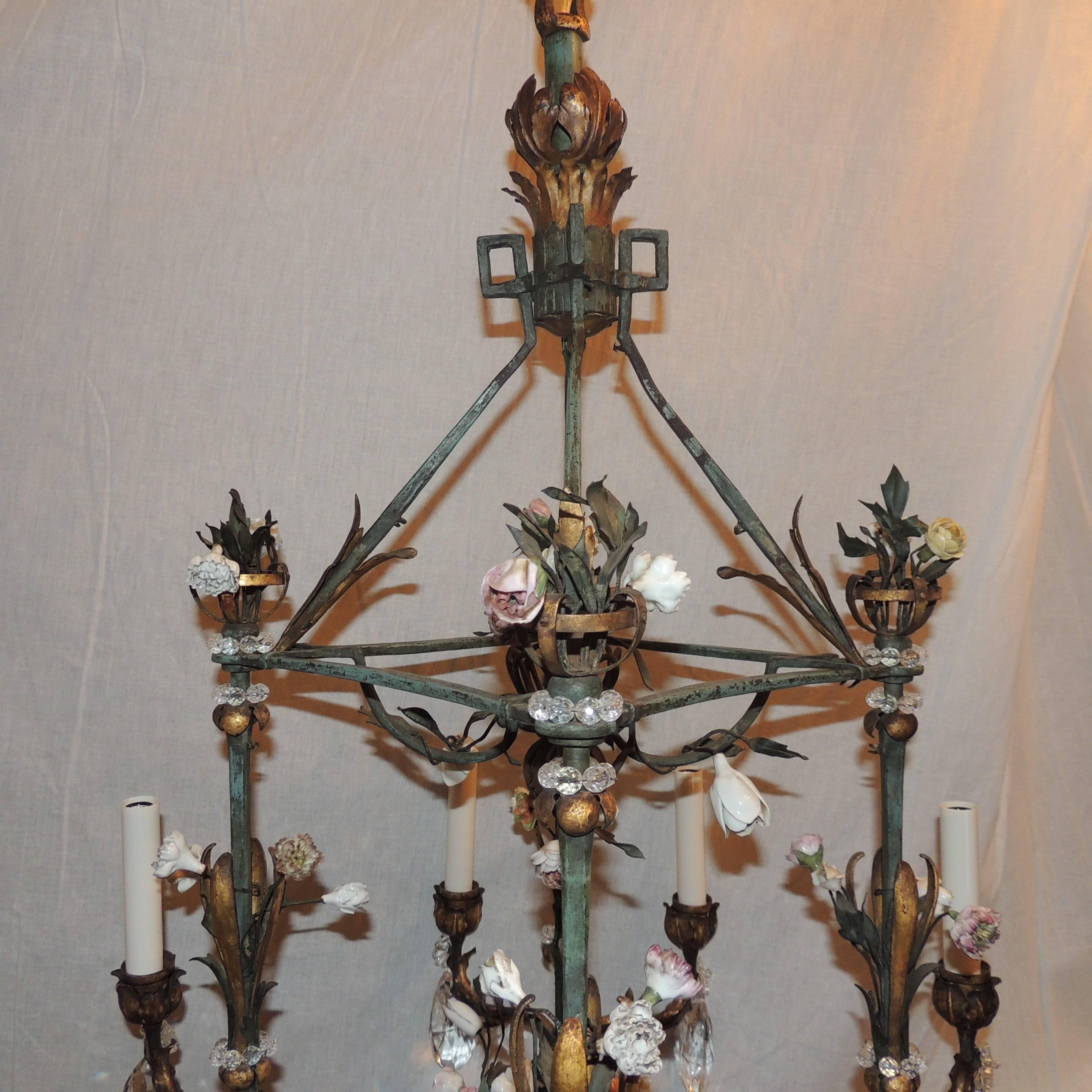Early 20th Century French Tole Gilt Nine-Light Lantern Chandelier Porcelain Flowers Bagues Fixture