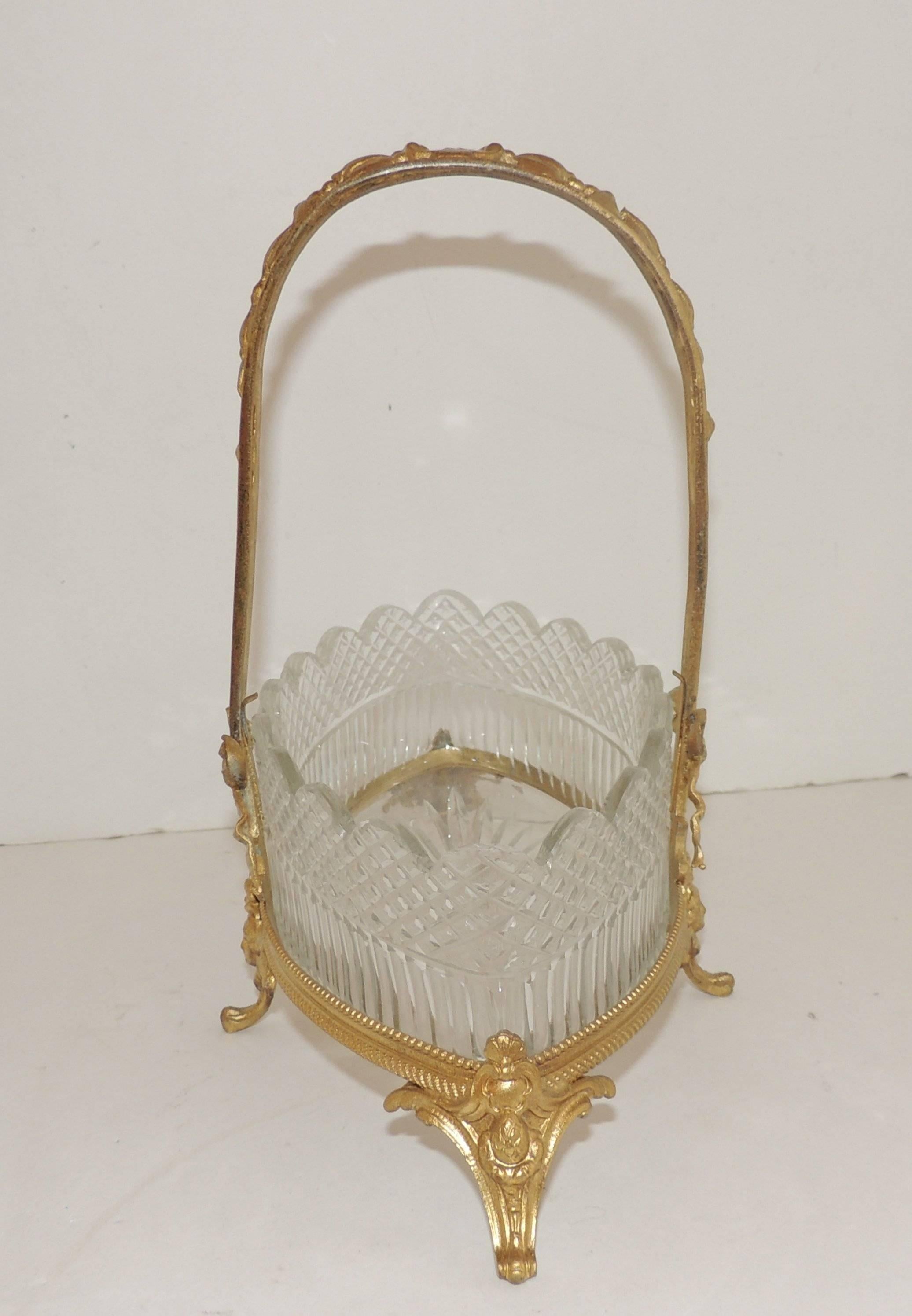 Etched Wonderful French Scalloped Crystal Centerpiece Gilt Bronze Footed Bow Basket For Sale