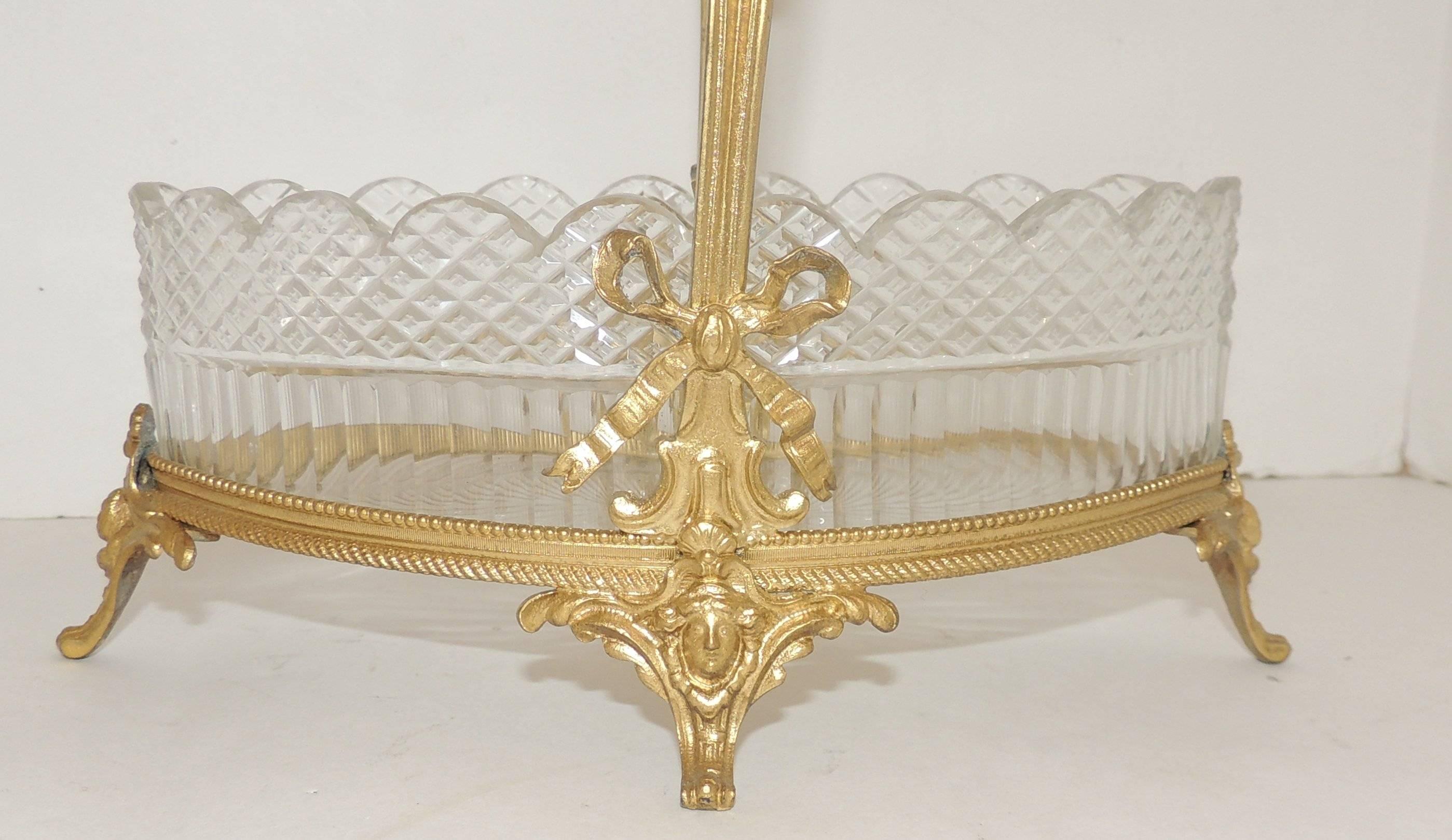 Wonderful French Scalloped Crystal Centerpiece Gilt Bronze Footed Bow Basket For Sale 1