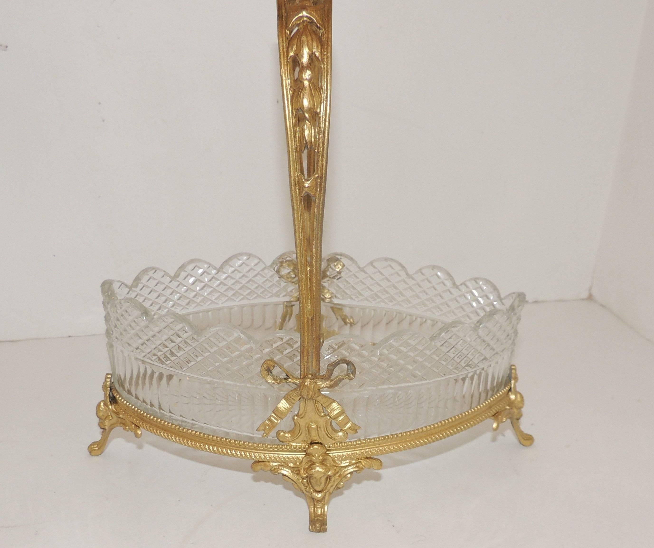Wonderful French Scalloped Crystal Centerpiece Gilt Bronze Footed Bow Basket For Sale 2