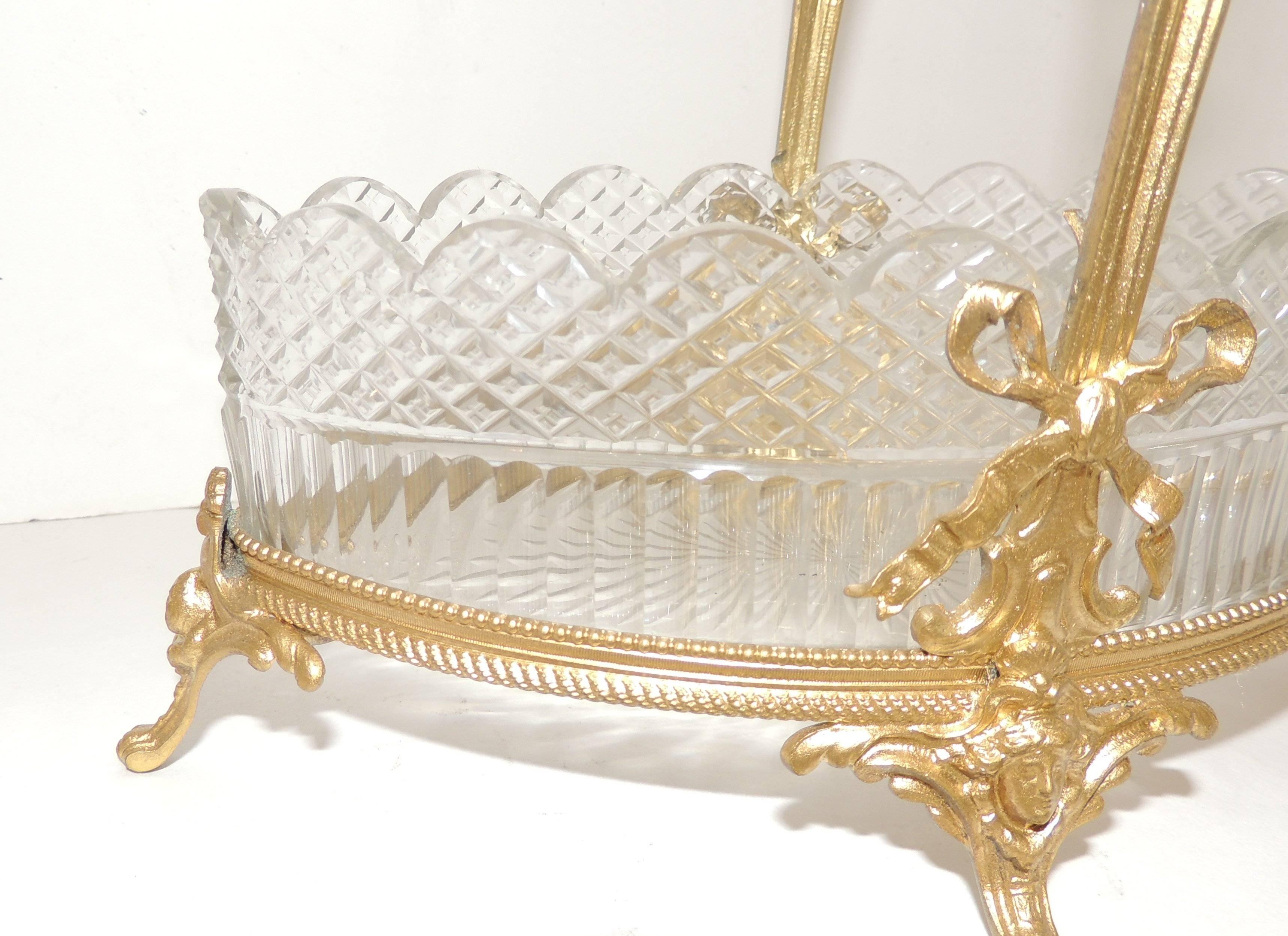 Mid-20th Century Wonderful French Scalloped Crystal Centerpiece Gilt Bronze Footed Bow Basket For Sale