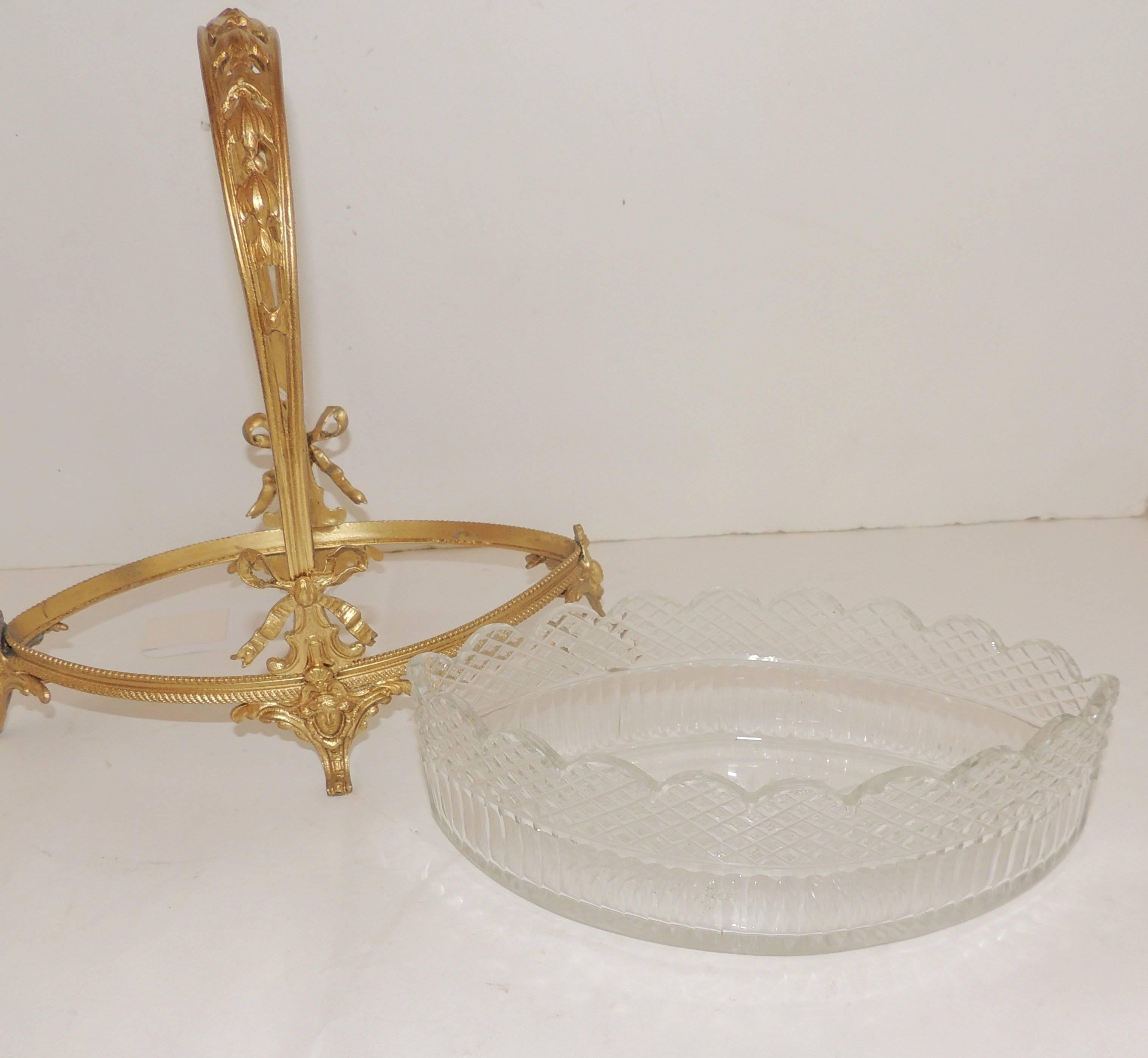 Wonderful French Scalloped Crystal Centerpiece Gilt Bronze Footed Bow Basket For Sale 3