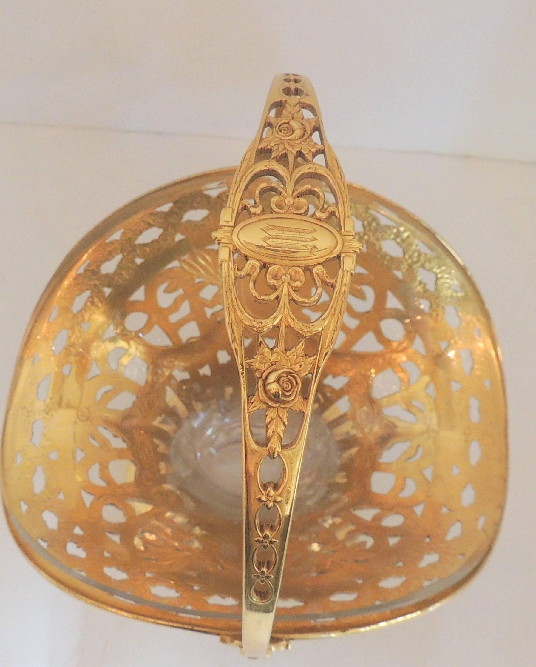 Wonderful Pierced French Gilt Doré Bronze Floral Basket Crystal Glass Insert For Sale 1