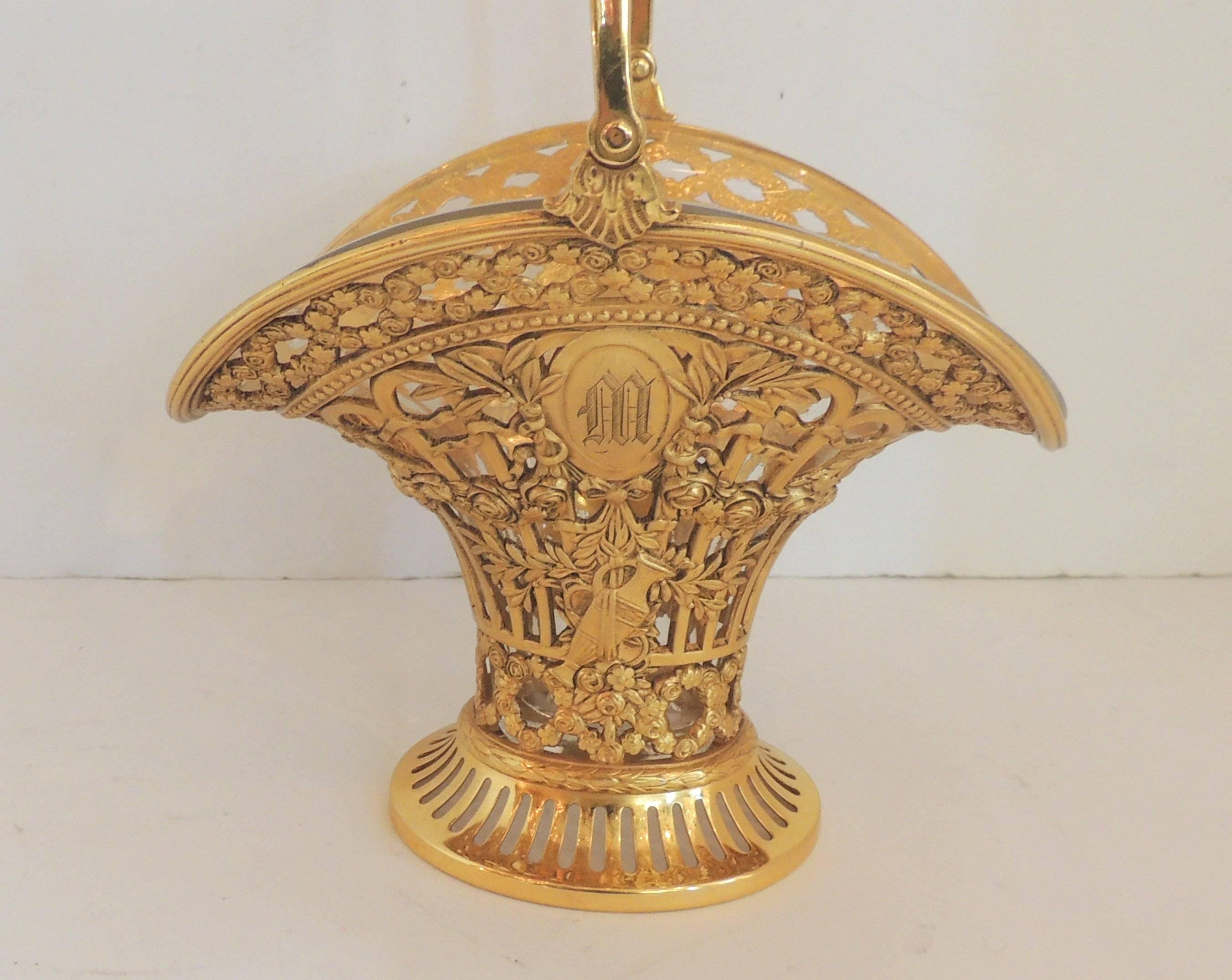 Wonderful Pierced French Gilt Doré Bronze Floral Basket Crystal Glass Insert In Good Condition For Sale In Roslyn, NY