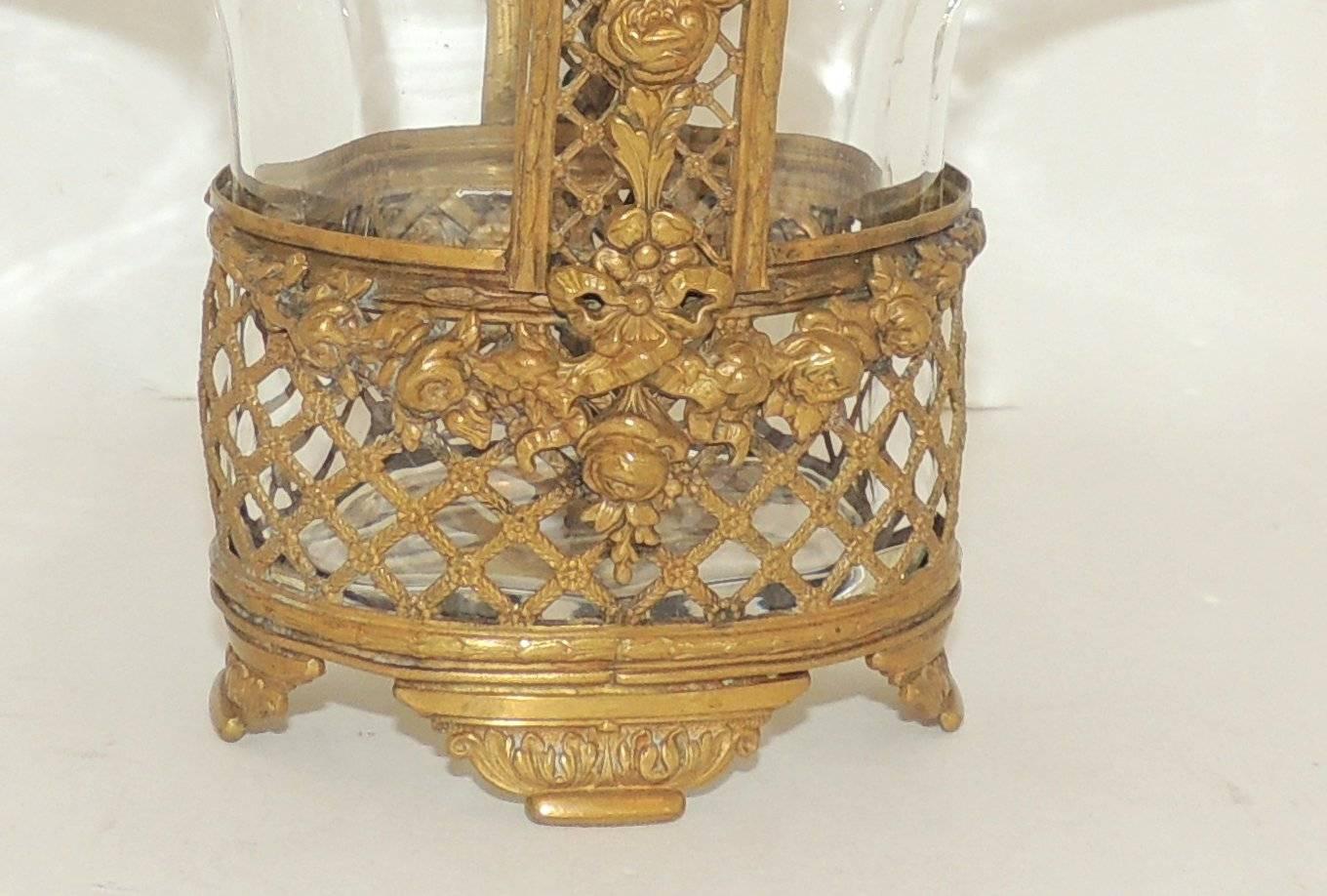 Wonderful Fine French Basket Weave Floral Bronze Basket Etched Crystal Insert 1