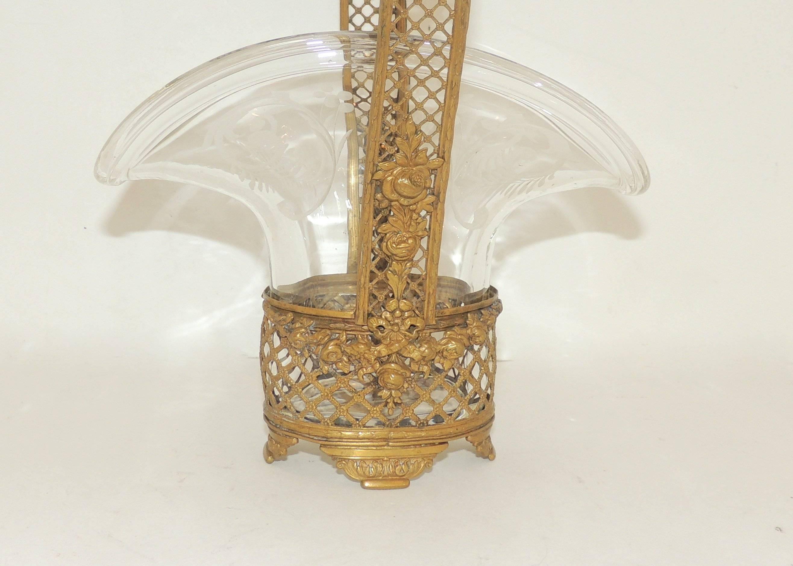 Mid-20th Century Wonderful Fine French Basket Weave Floral Bronze Basket Etched Crystal Insert