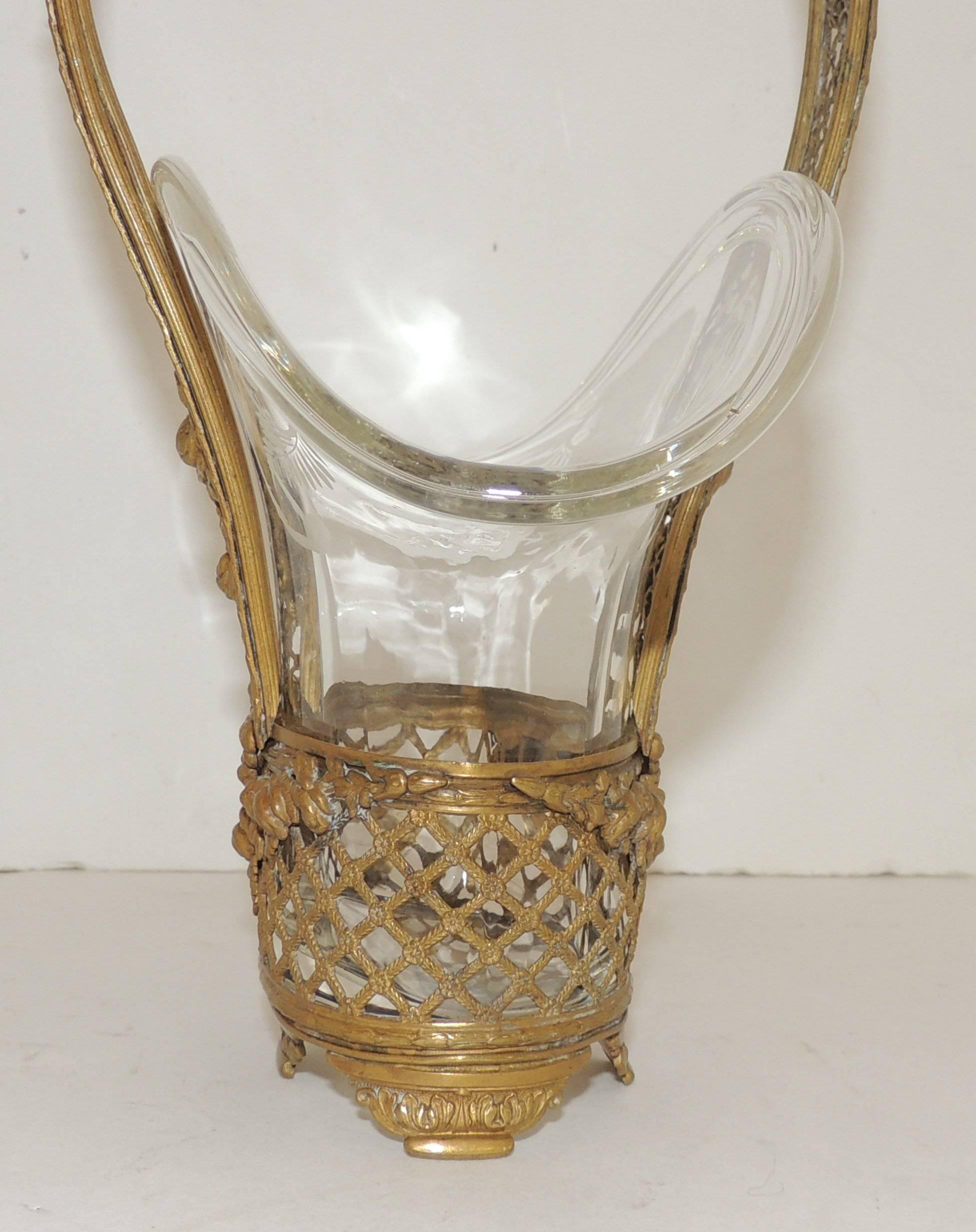 Wonderful Fine French Basket Weave Floral Bronze Basket Etched Crystal Insert 3