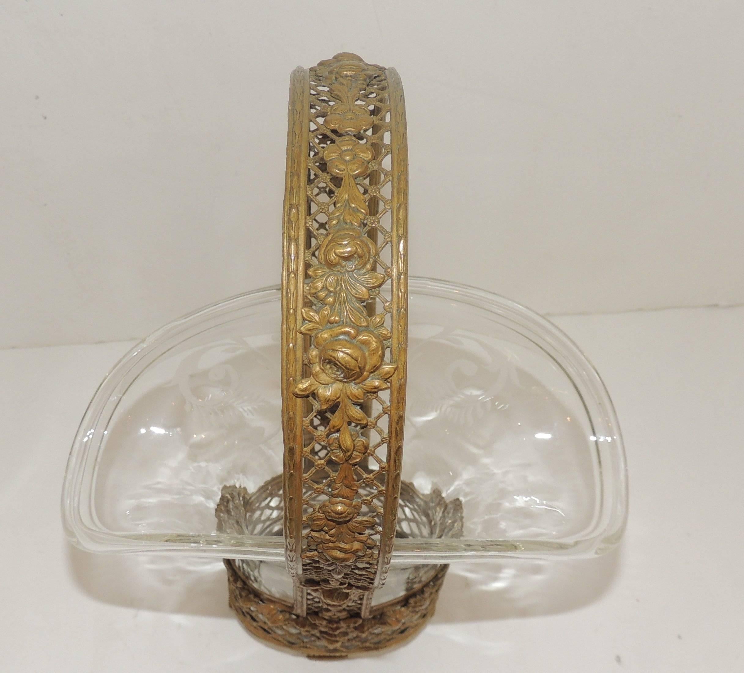 Belle Époque Wonderful Fine French Basket Weave Floral Bronze Basket Etched Crystal Insert