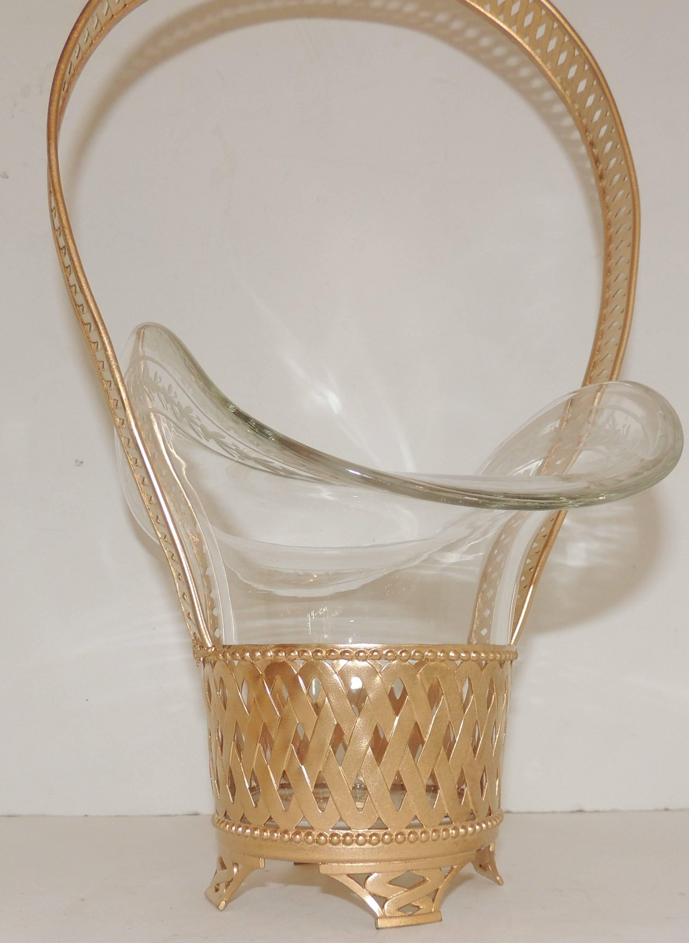 Mid-20th Century Wonderful French Doré Bronze Woven Brass Basket Etched Crystal Glass Insert