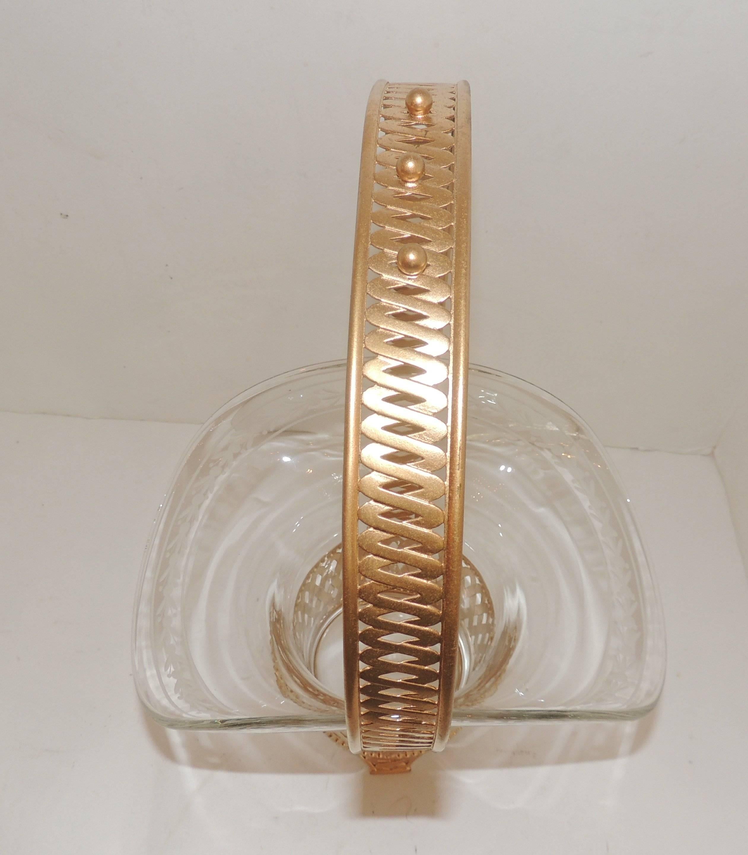 Wonderful French Doré Bronze Woven Brass Basket Etched Crystal Glass Insert 1