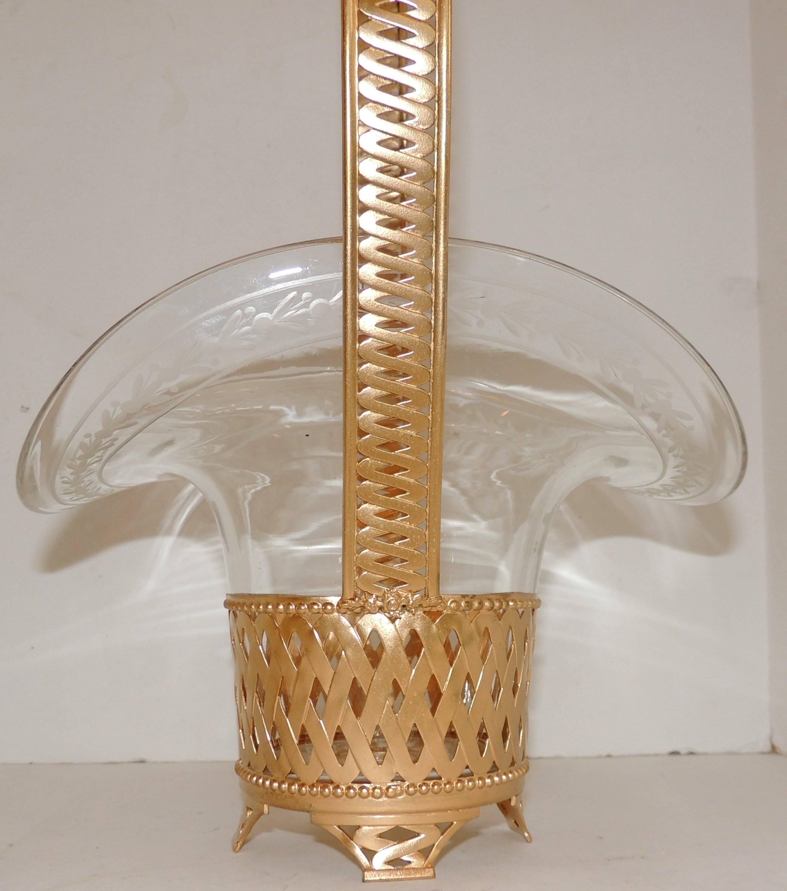 Wonderful French Doré Bronze Woven Brass Basket Etched Crystal Glass Insert In Good Condition In Roslyn, NY