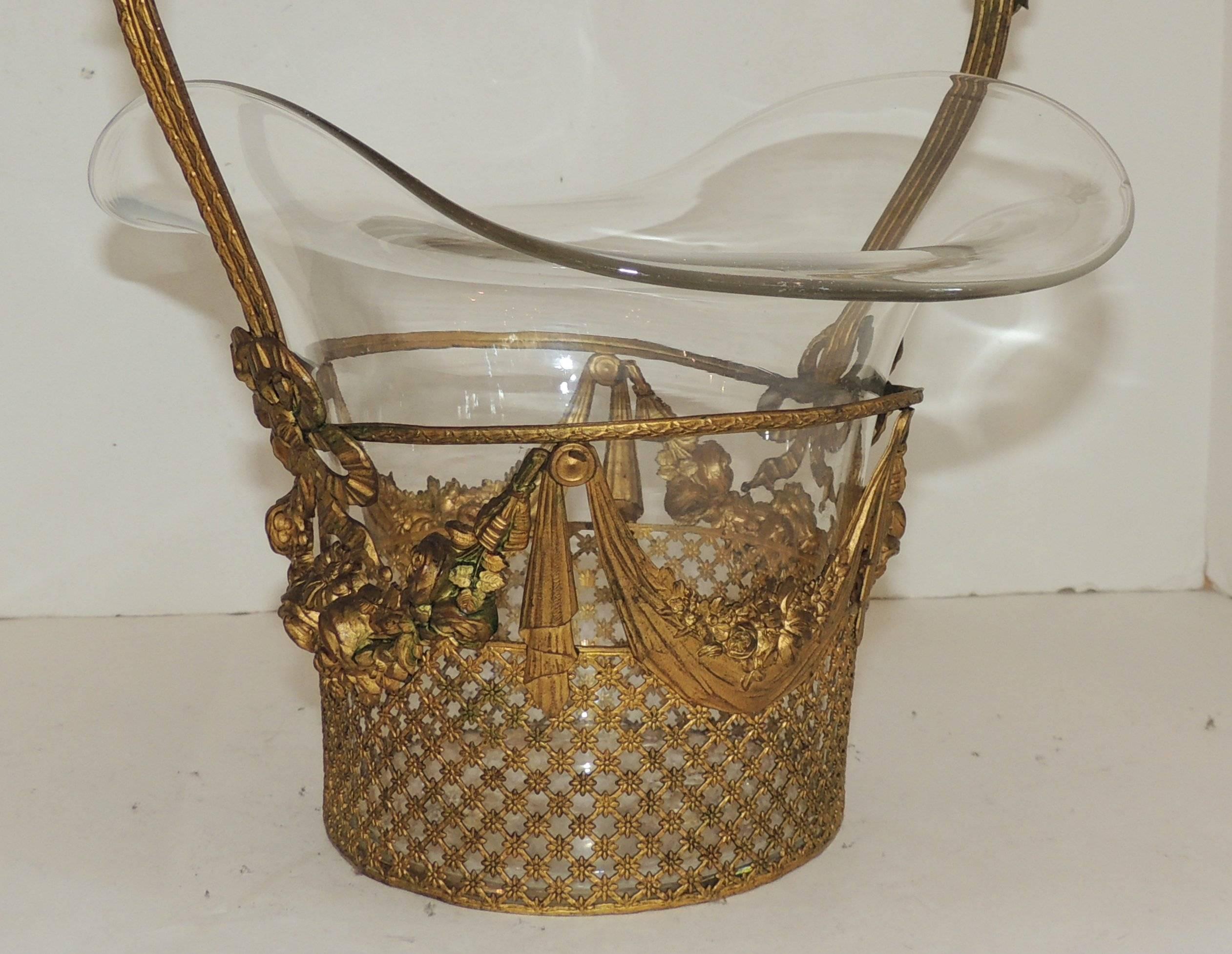 Wonderful French Centerpiece Gilt Bronze Open Weave Glass Crystal Basket Bows In Good Condition For Sale In Roslyn, NY