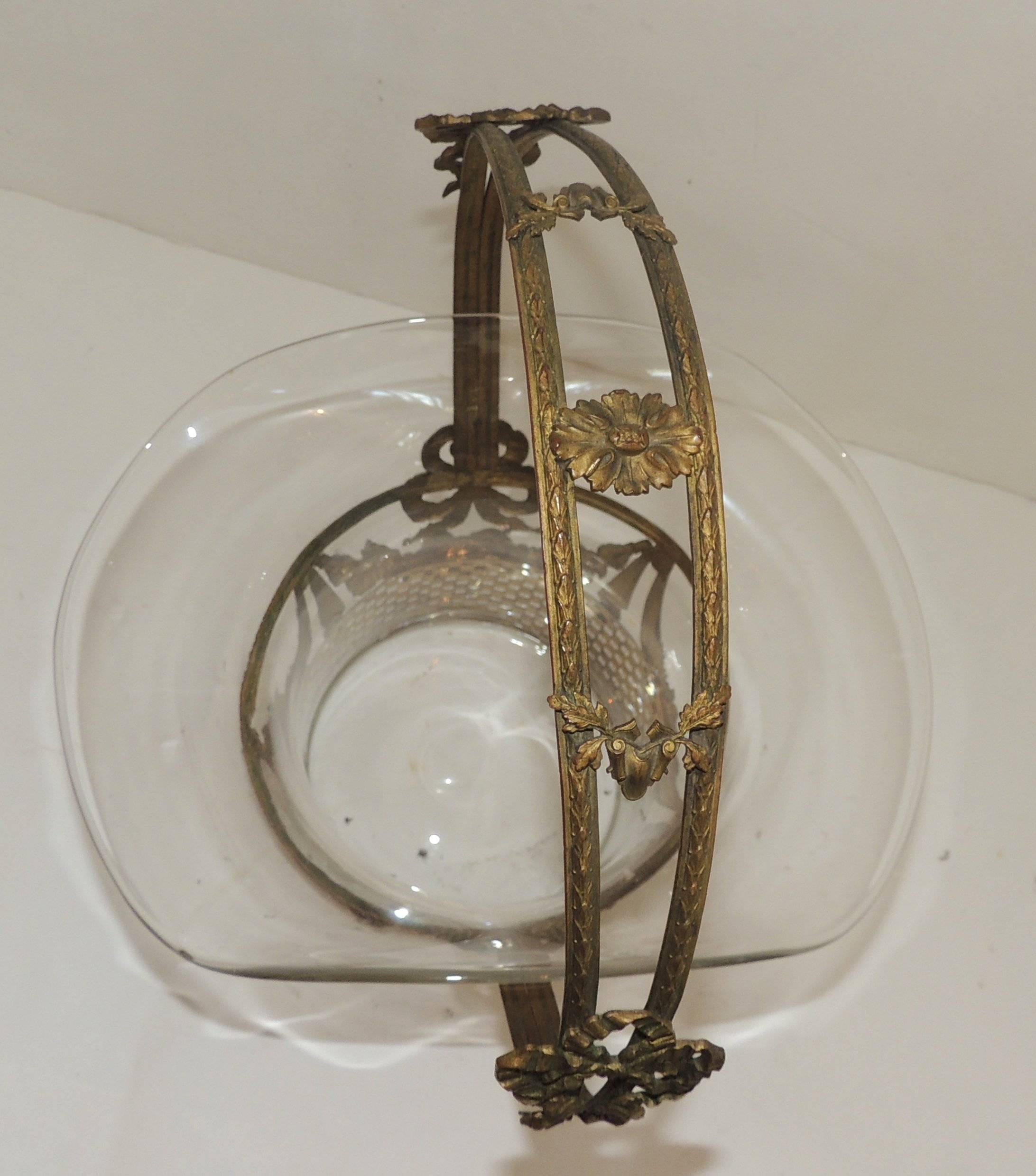 Mid-20th Century Wonderful French Centerpiece Gilt Bronze Open Weave Glass Crystal Basket Bows For Sale