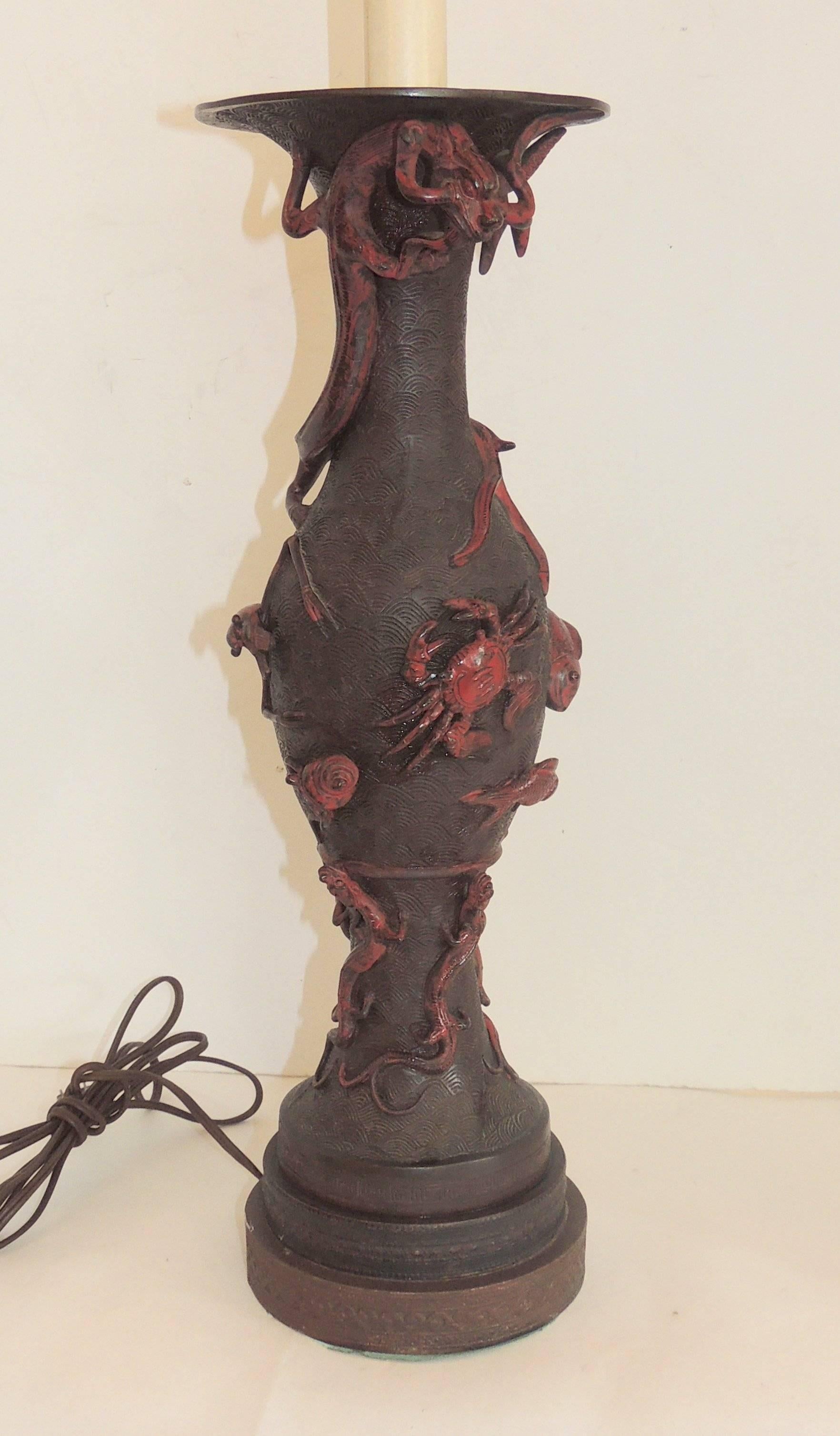 Mid-20th Century Wonderful Asian Pair Patinated Bronze Japanese Lamps Dragon Frogs Lobster Crabs