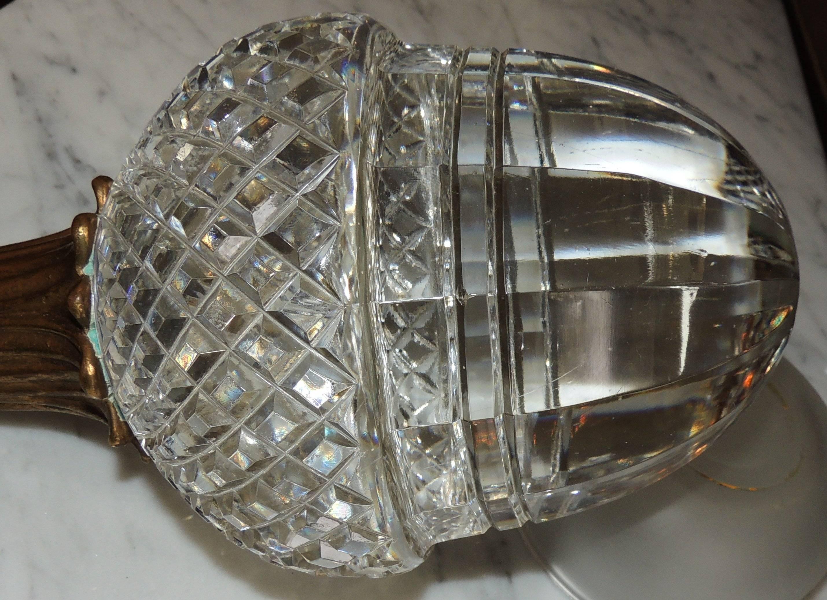French Grand Diamond Beveled Cut Crystal and Dore Bronze Newell Post Banister Finial
