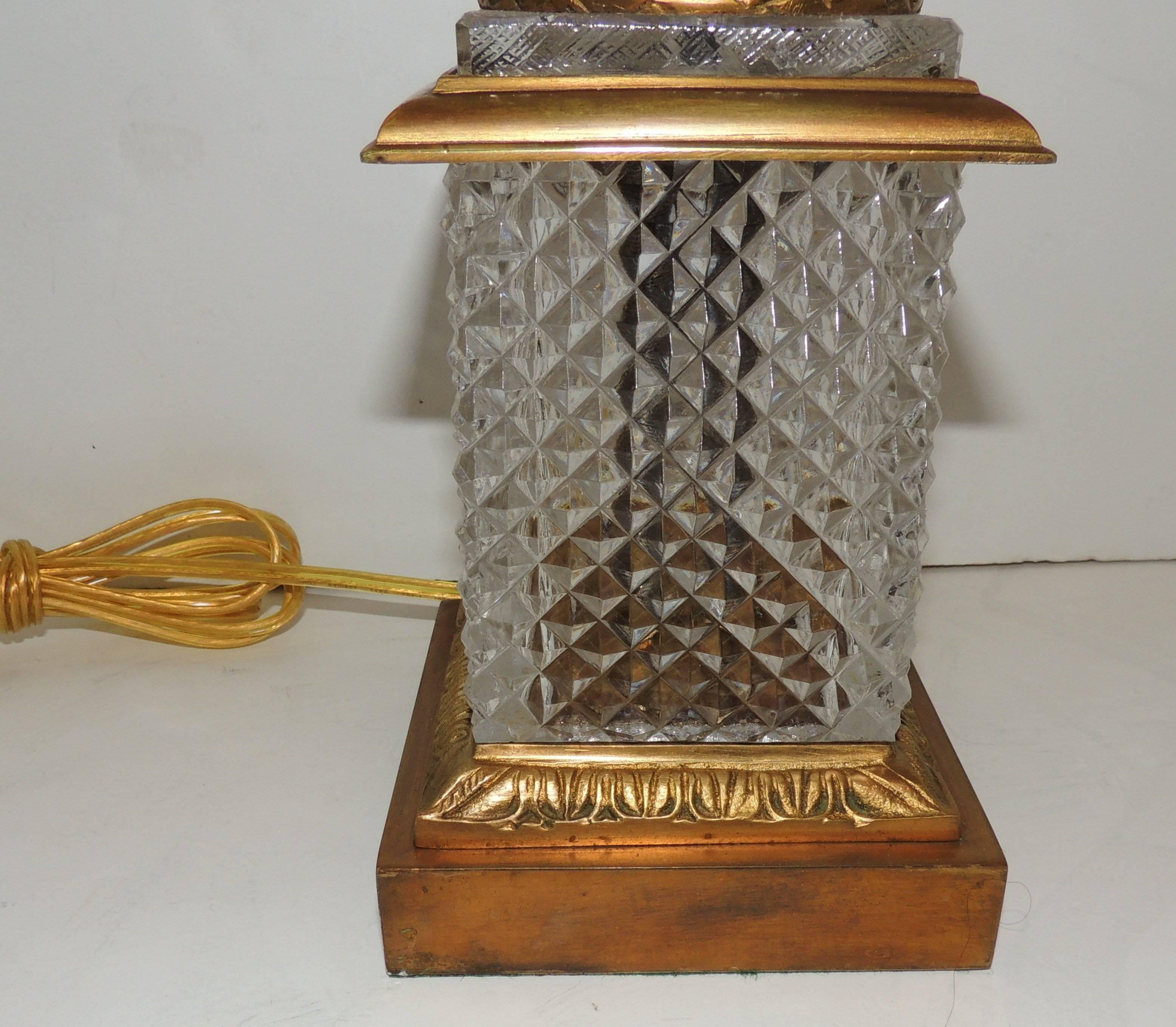 Wonderful Pair French Diamond Cut Crystal Gilt Dore Bronze Ormolu Mounted Lamps 3