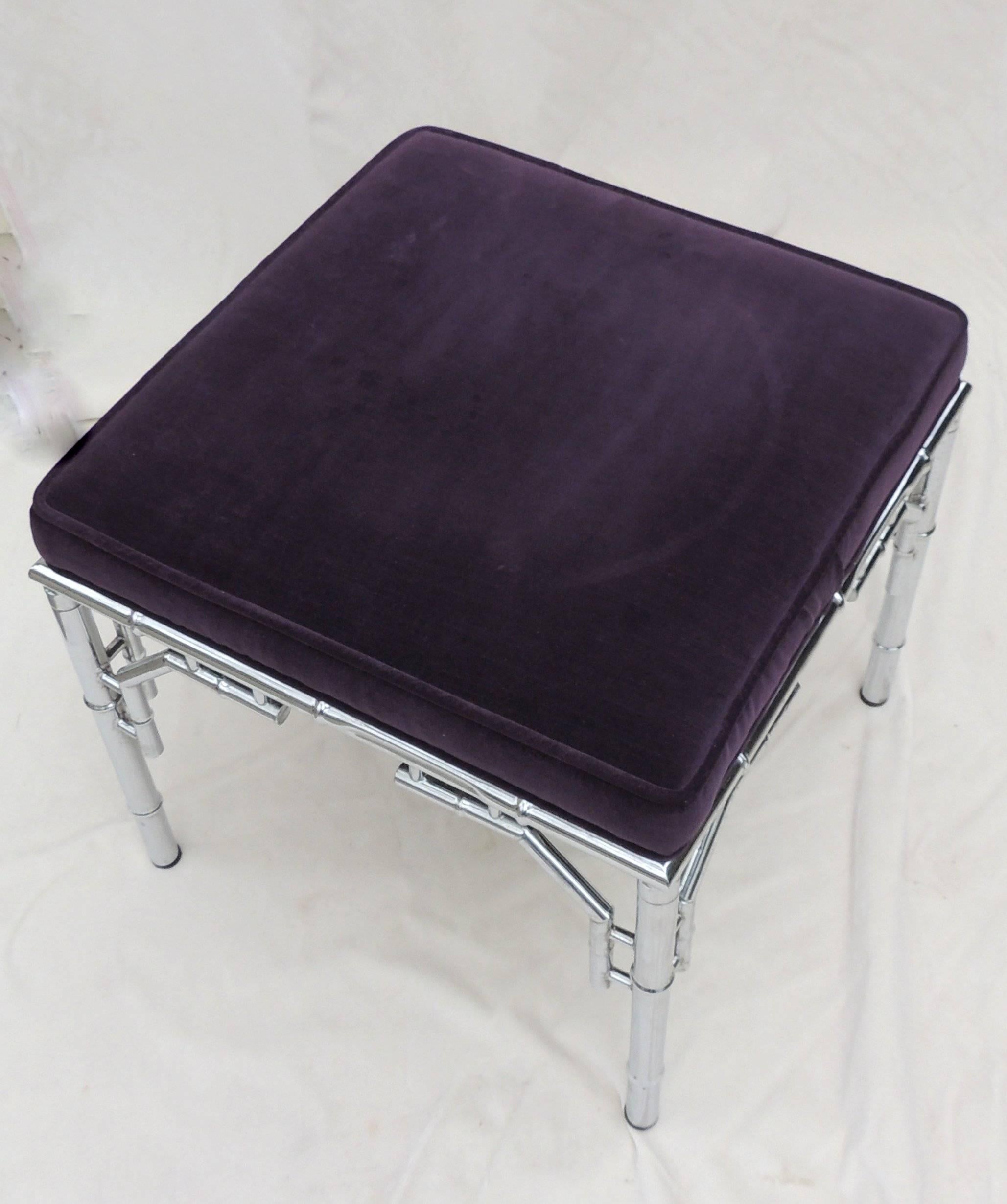 Italian Wonderful Transitional Chrome Velvet Stool Nickel Bamboo Jansen Bench For Sale